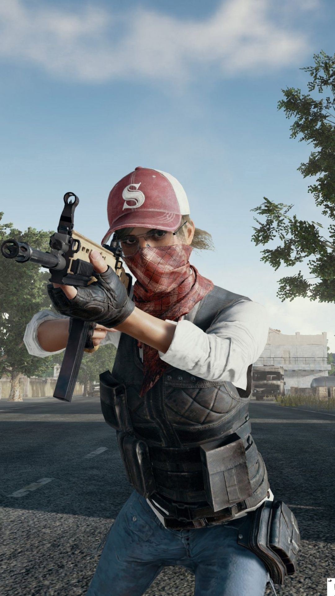 PUBG Mobile, red plaid face bandana, Level 2 tactical vest, Full HD Phone wallpaper