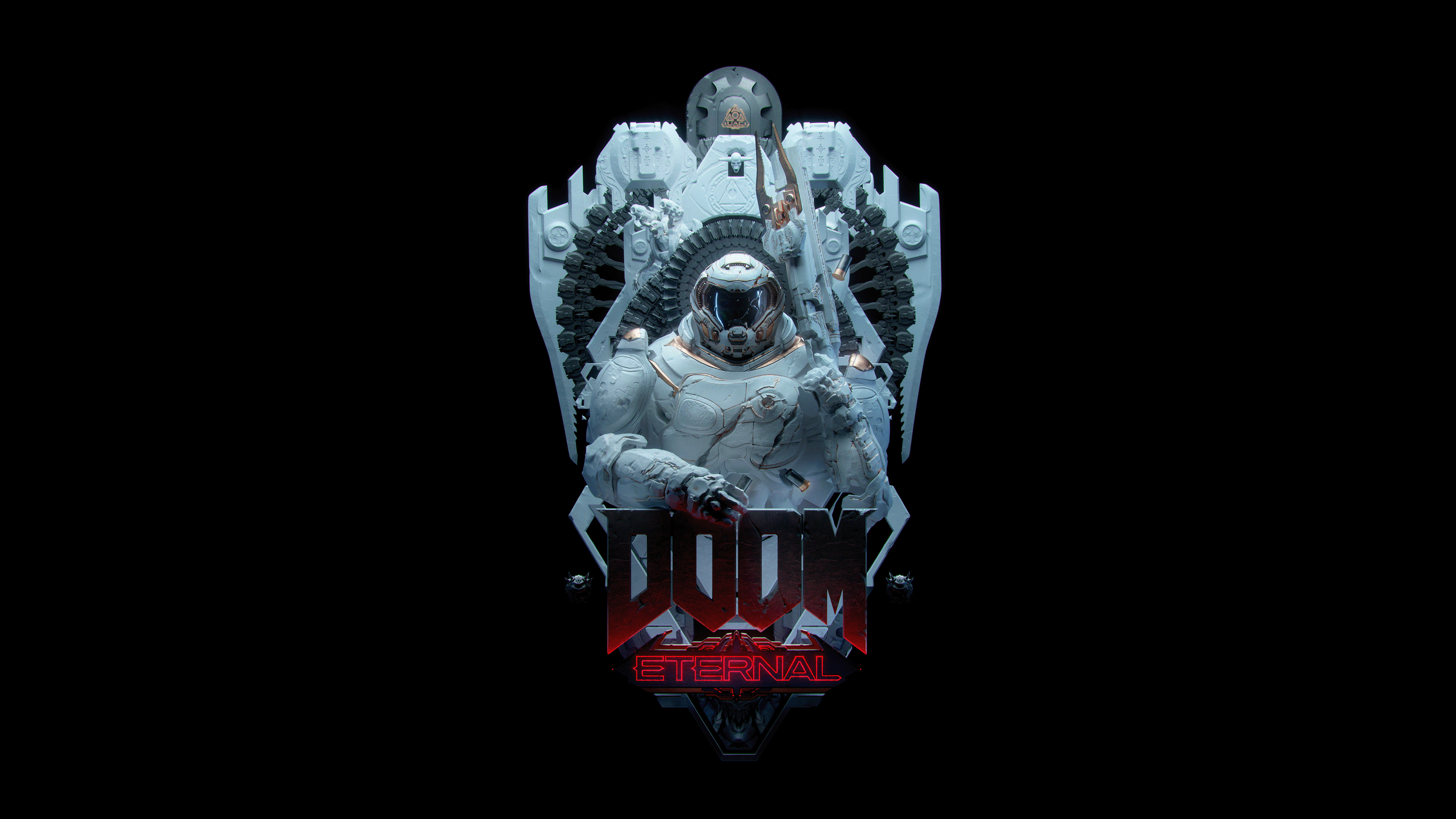 Doom Slayer Astro skin, Doom Eternal logo, White Maykr aesthetic, 4K Desktop wallpaper