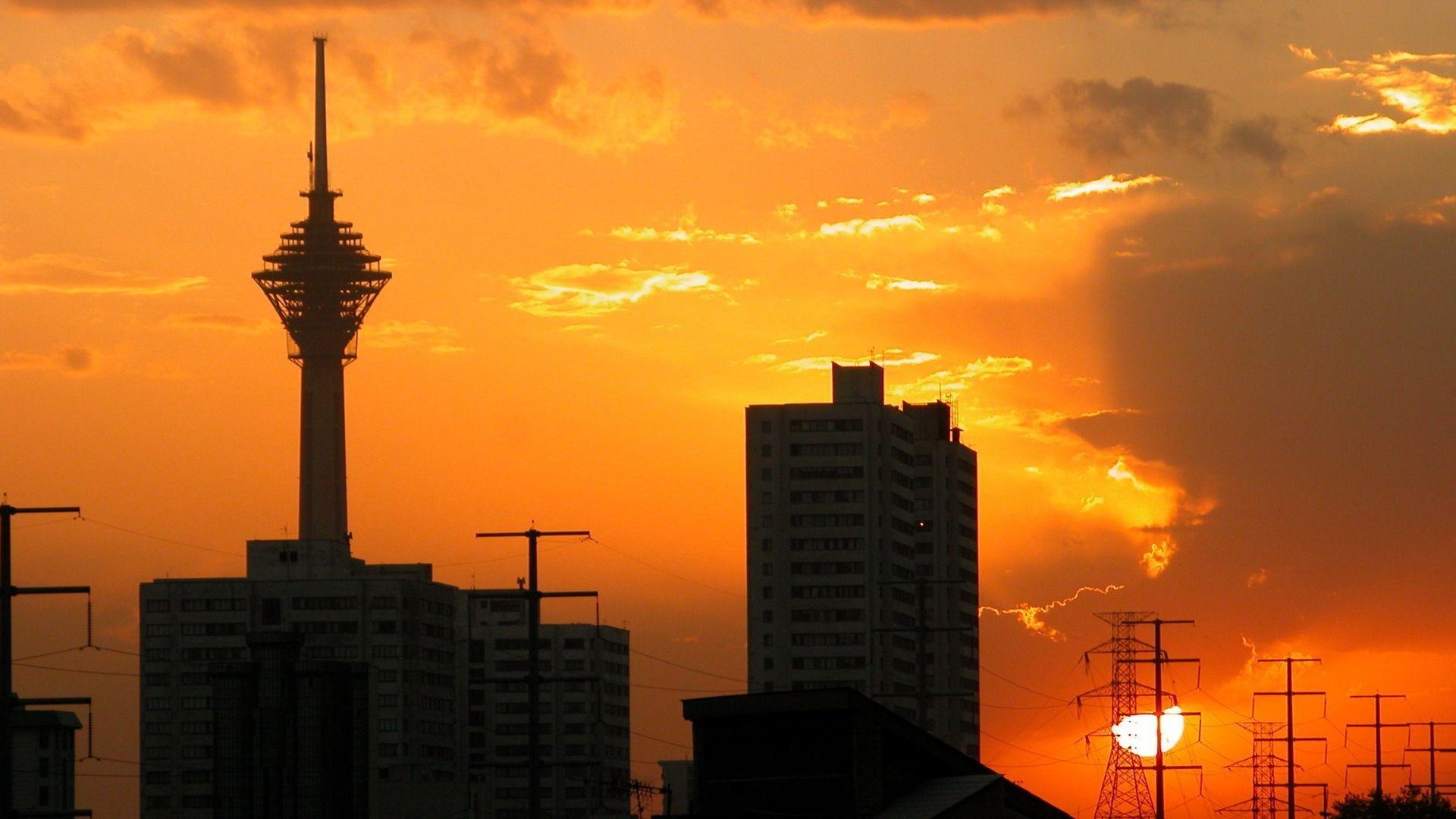 Milad Tower, Tehran skyline silhouette, orange sunset sky, Full HD Desktop wallpaper
