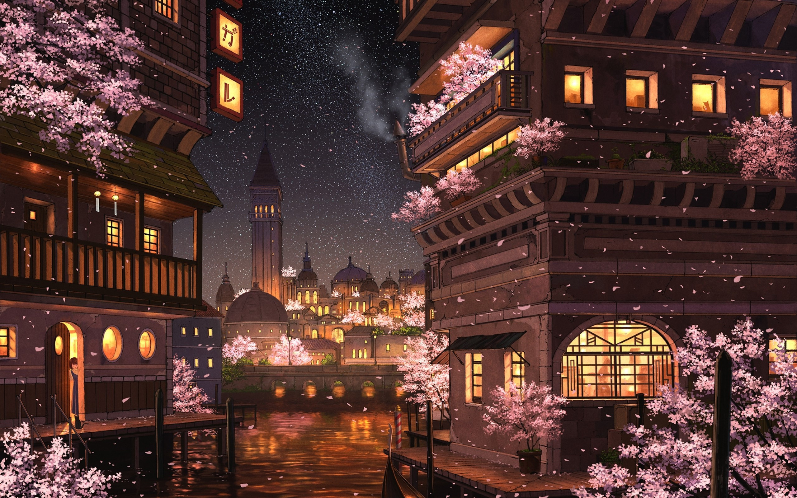 Venetian style canal city, blooming sakura trees, starry night sky, HD Desktop wallpaper