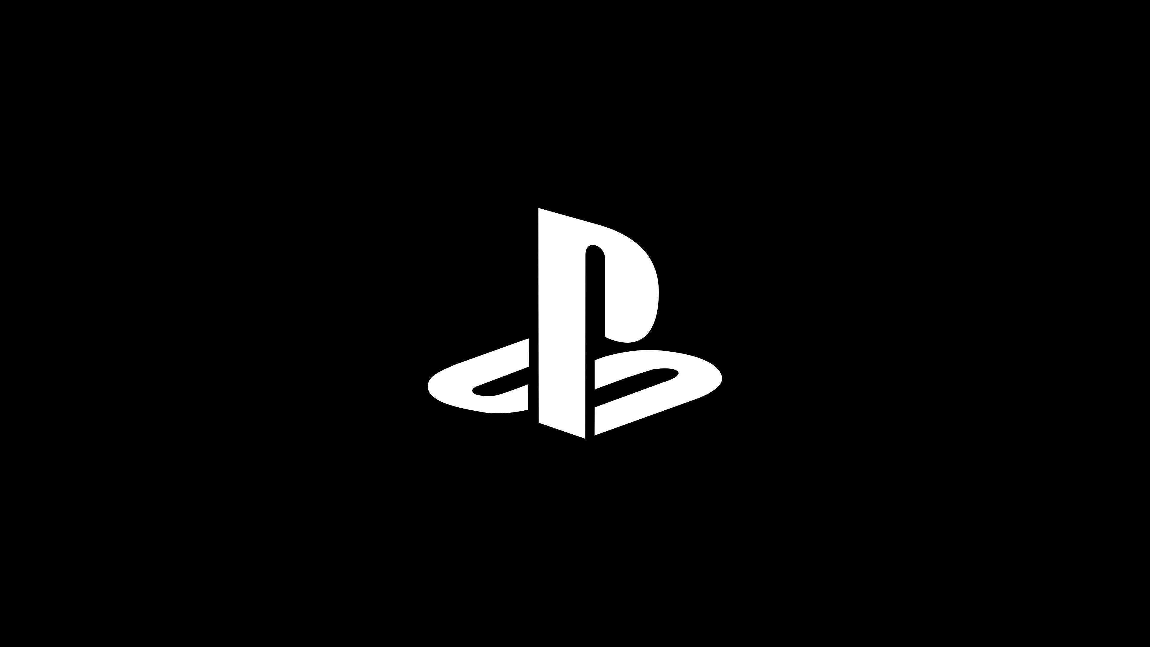 PlayStation logo, White PlayStation symbol, Solid black background, 4K Desktop wallpaper