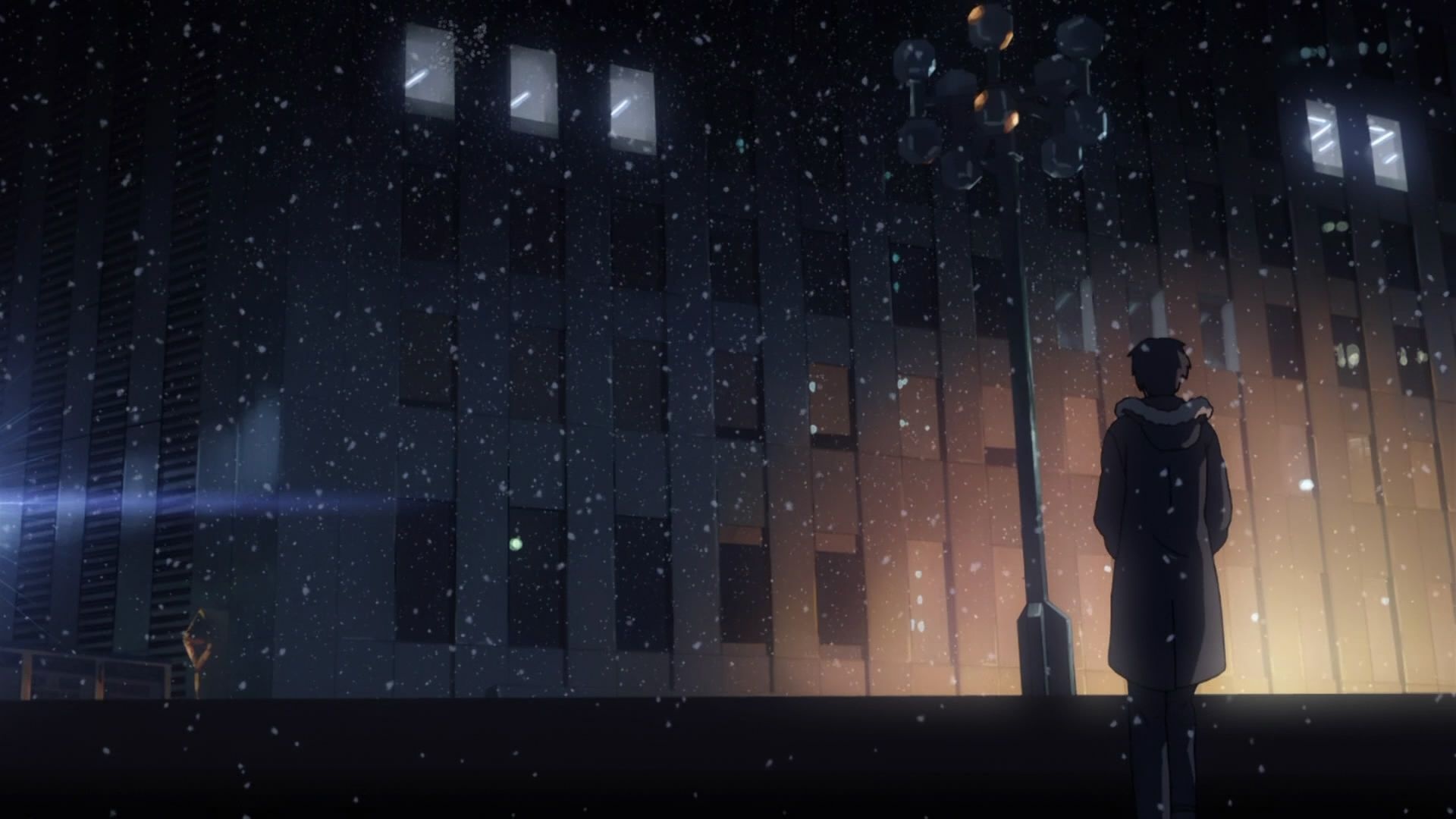 Takaki Tono in coat, 5 Centimeters per Second, Falling snow at night, Full HD Desktop wallpaper