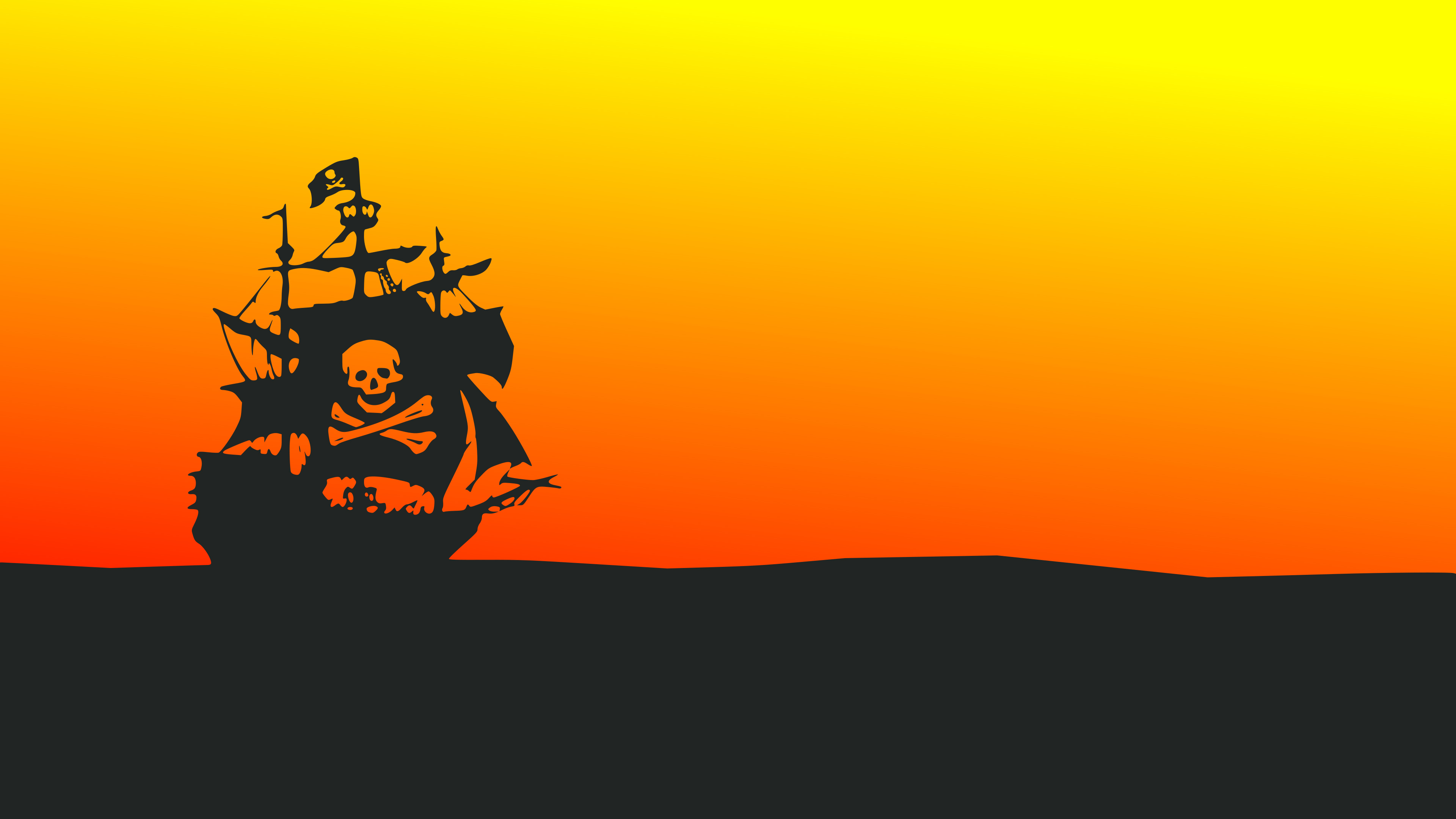 Pirate ship silhouette, Jolly Roger sail, Sunset gradient sky, 4K Desktop wallpaper