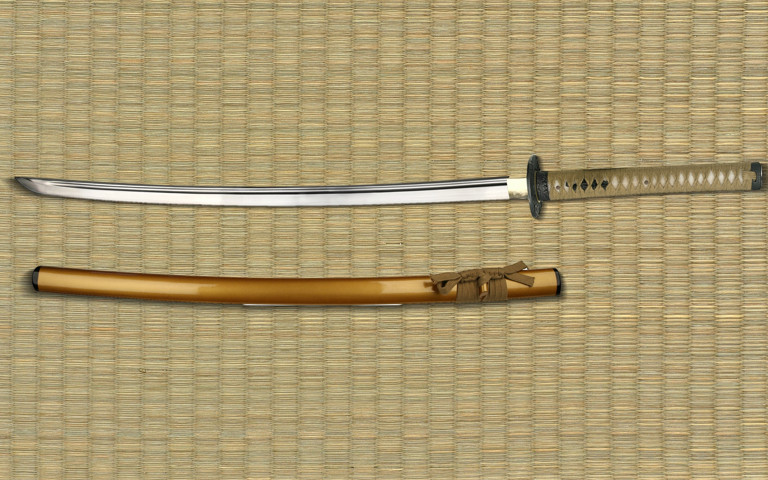 Japanese katana sword, Lacquered saya scabbard, Woven tatami mat, HD Desktop wallpaper