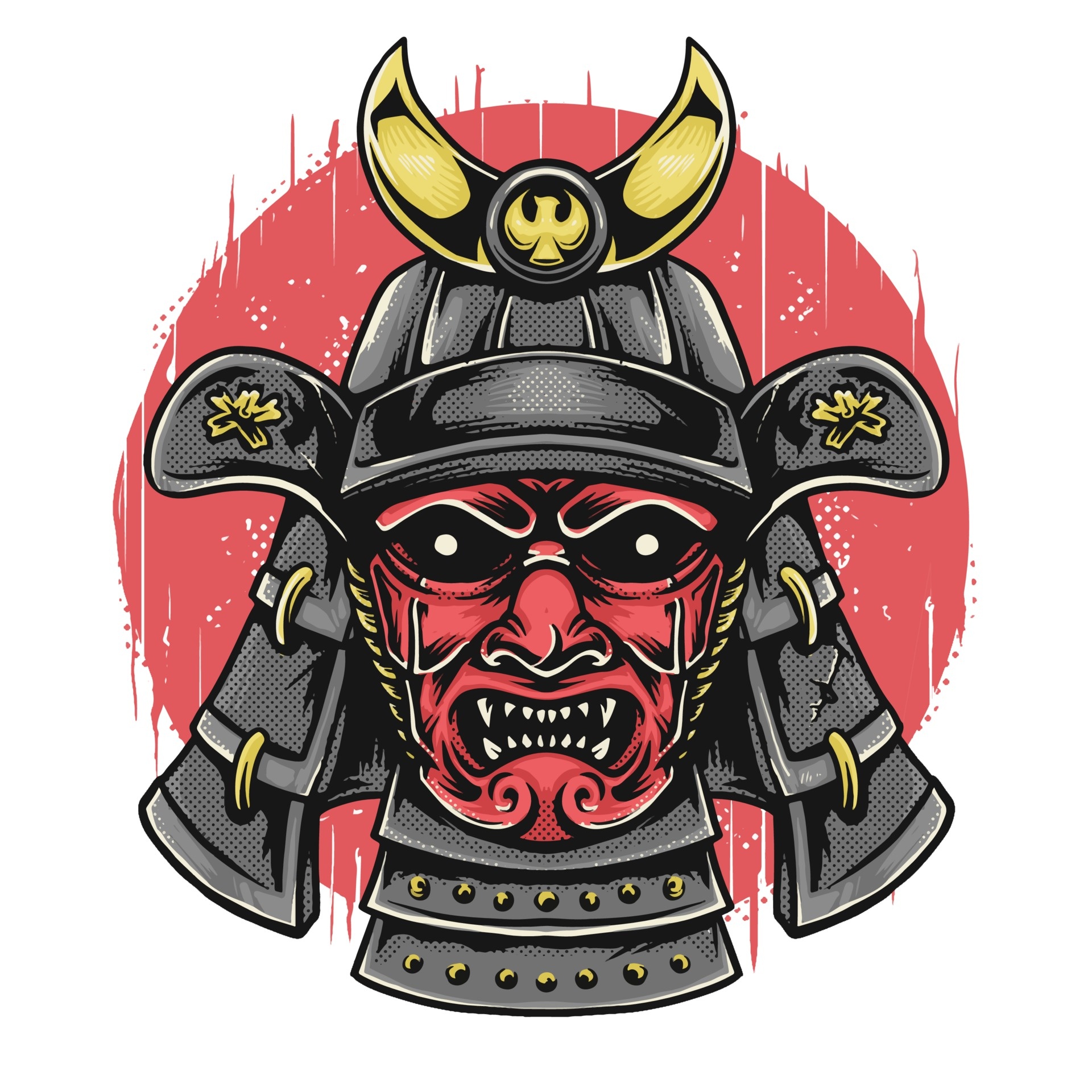 red fierce menpo mask, black samurai kabuto helmet, golden kuwagata crest, HD Phone wallpaper