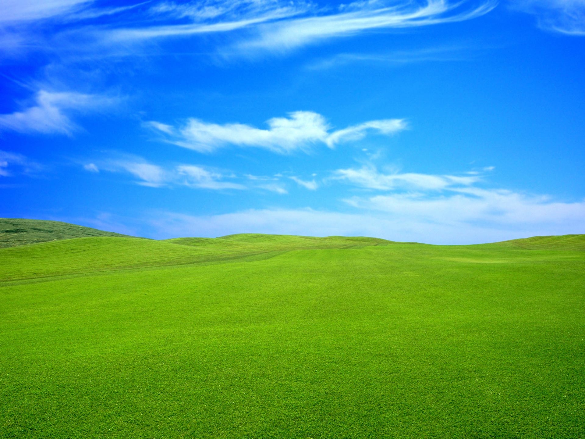 rolling green grass hills, wispy white cirrus clouds, bright blue sky, HD Desktop wallpaper