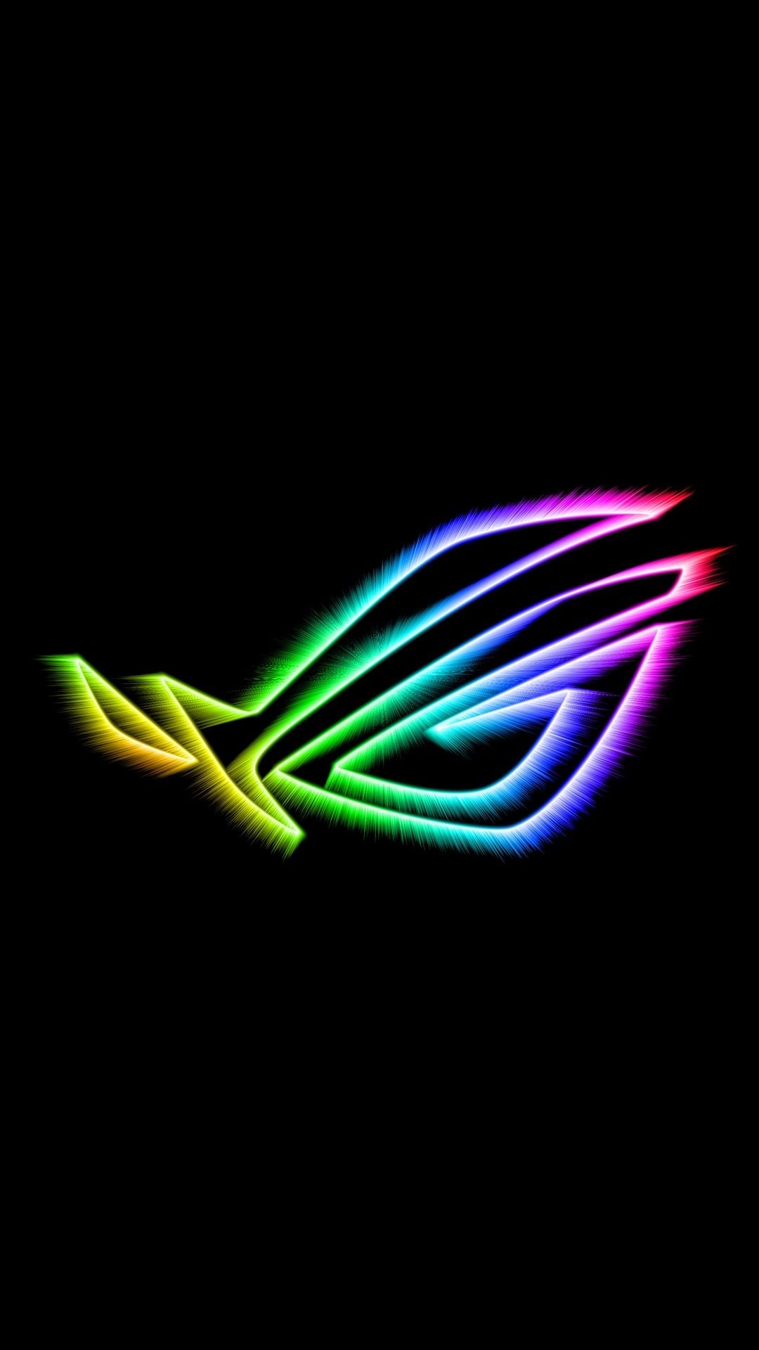 ASUS Republic of Gamers logo, Rainbow gradient neon outline, Pure black backdrop, Full HD Phone wallpaper