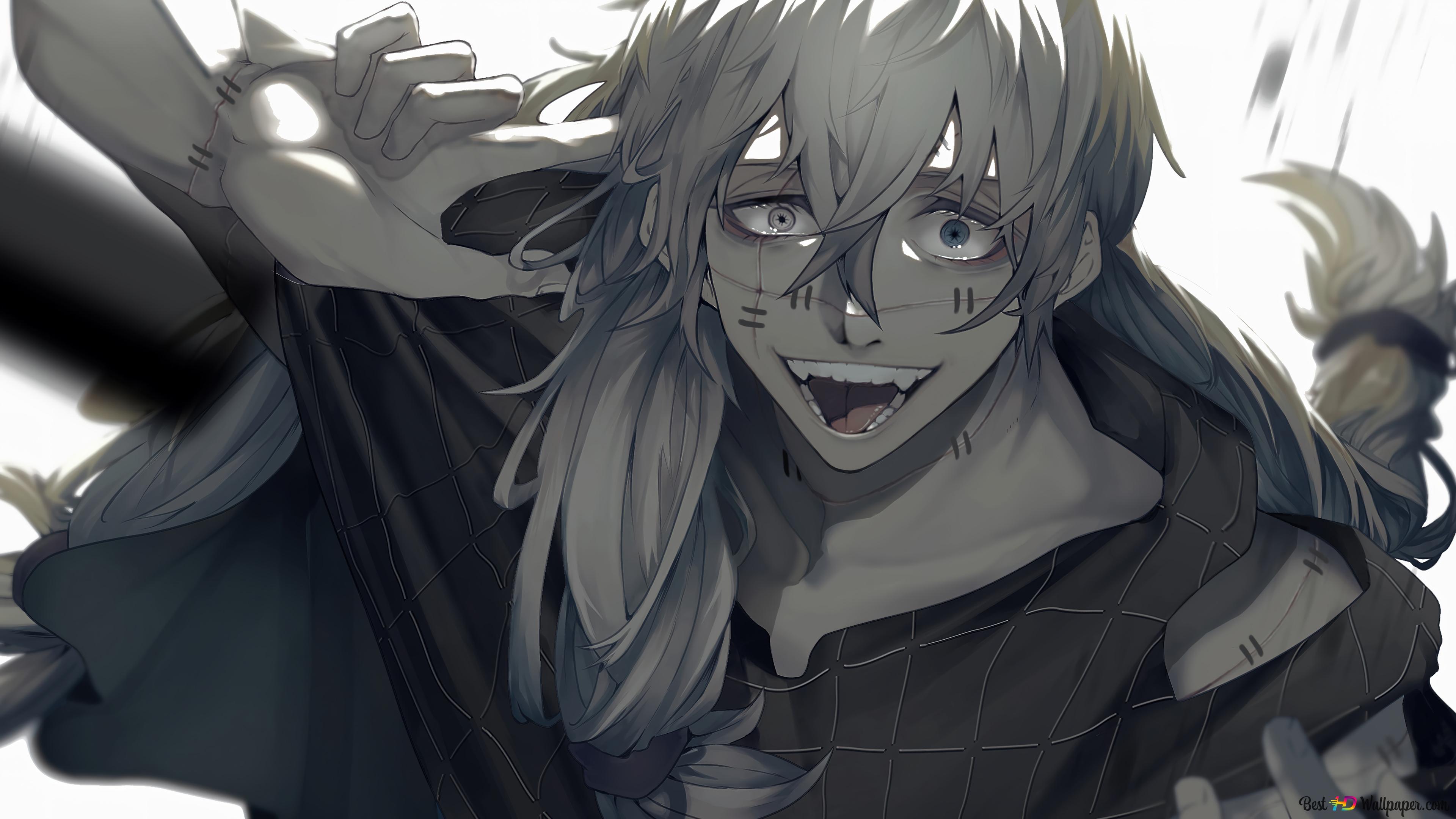 Mahito, Patchwork stitched face, Grinning against white, 4K Desktop wallpaper