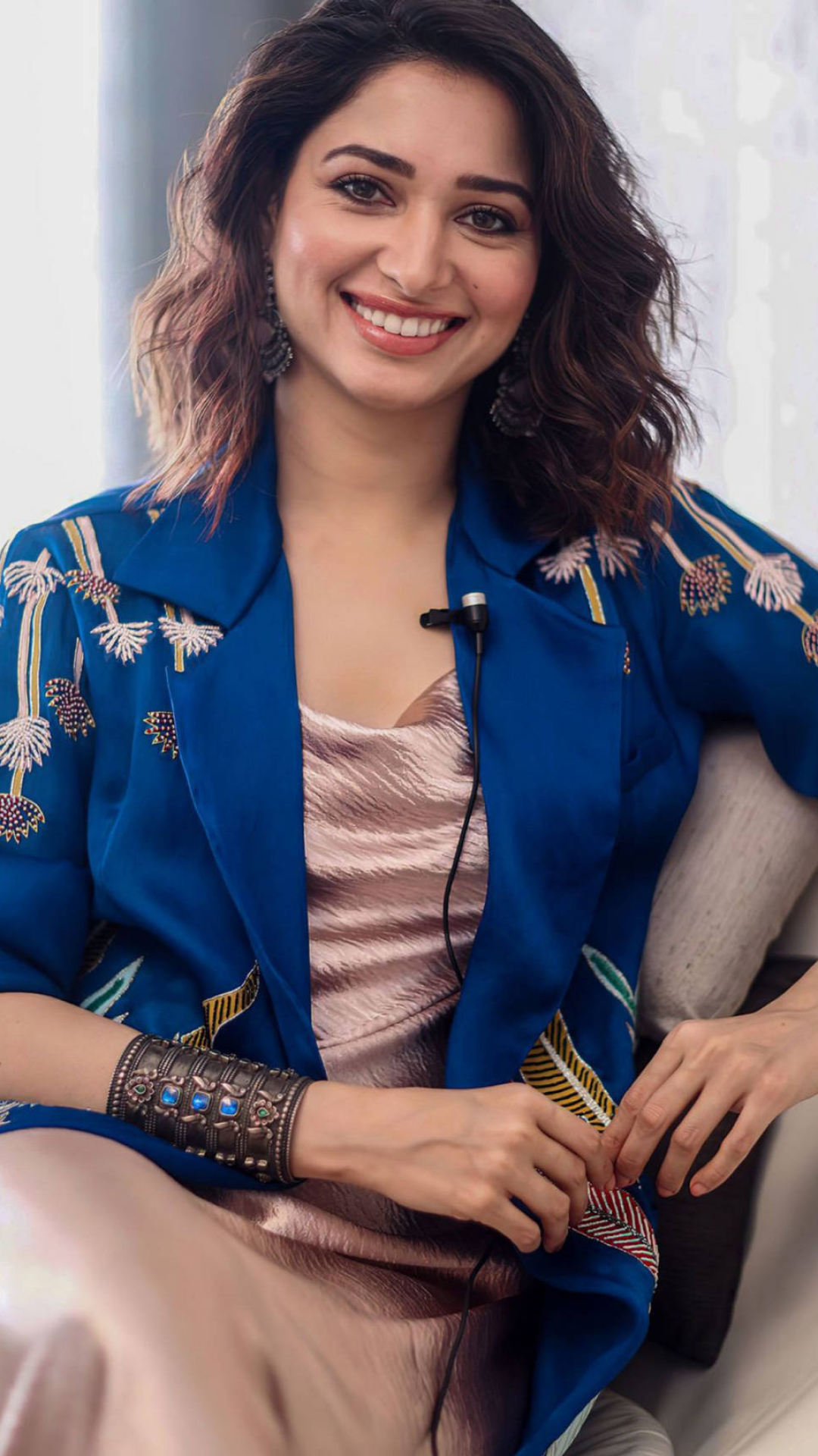 Tamannaah Bhatia, Embroidered blue blazer, Ornate cuff bracelet, Full HD Phone wallpaper