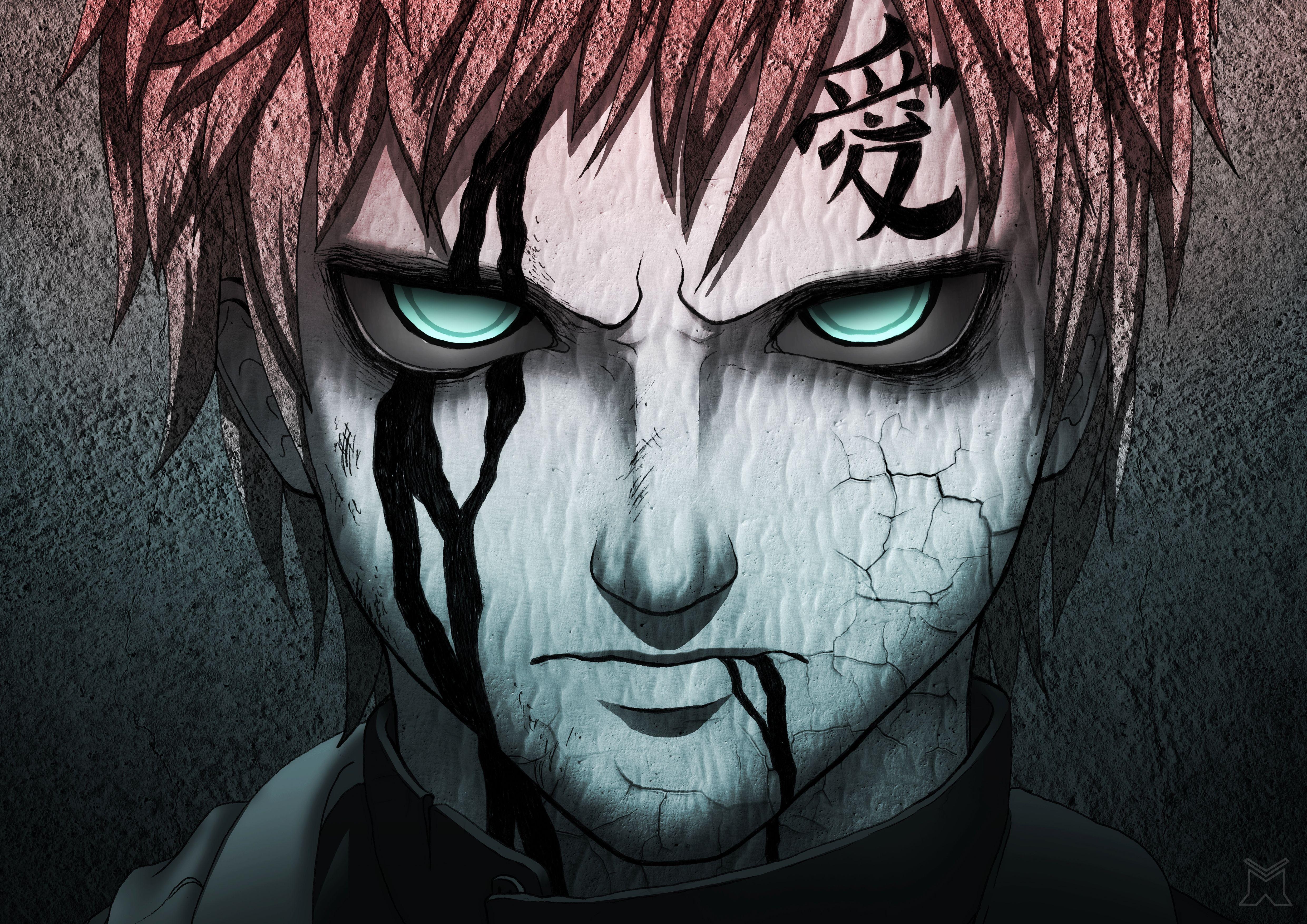 Gaara, Love kanji tattoo, Teal eyes, Cracked sand armour, Dark close-up, 4K Desktop wallpaper