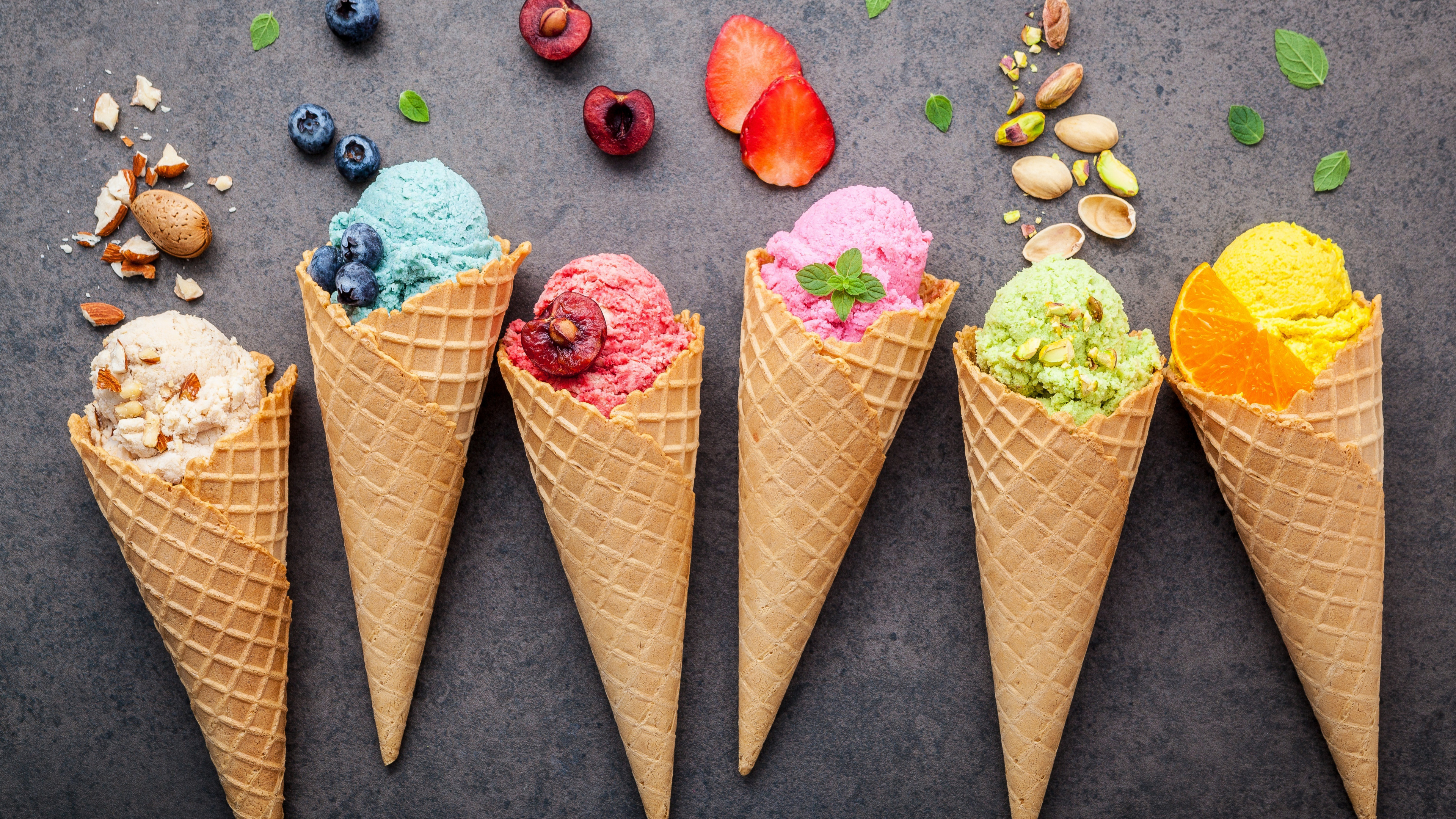 Waffle cones, Ice cream delights, Fruity toppings, Decadent indulgence, 3840x2160 4K Desktop