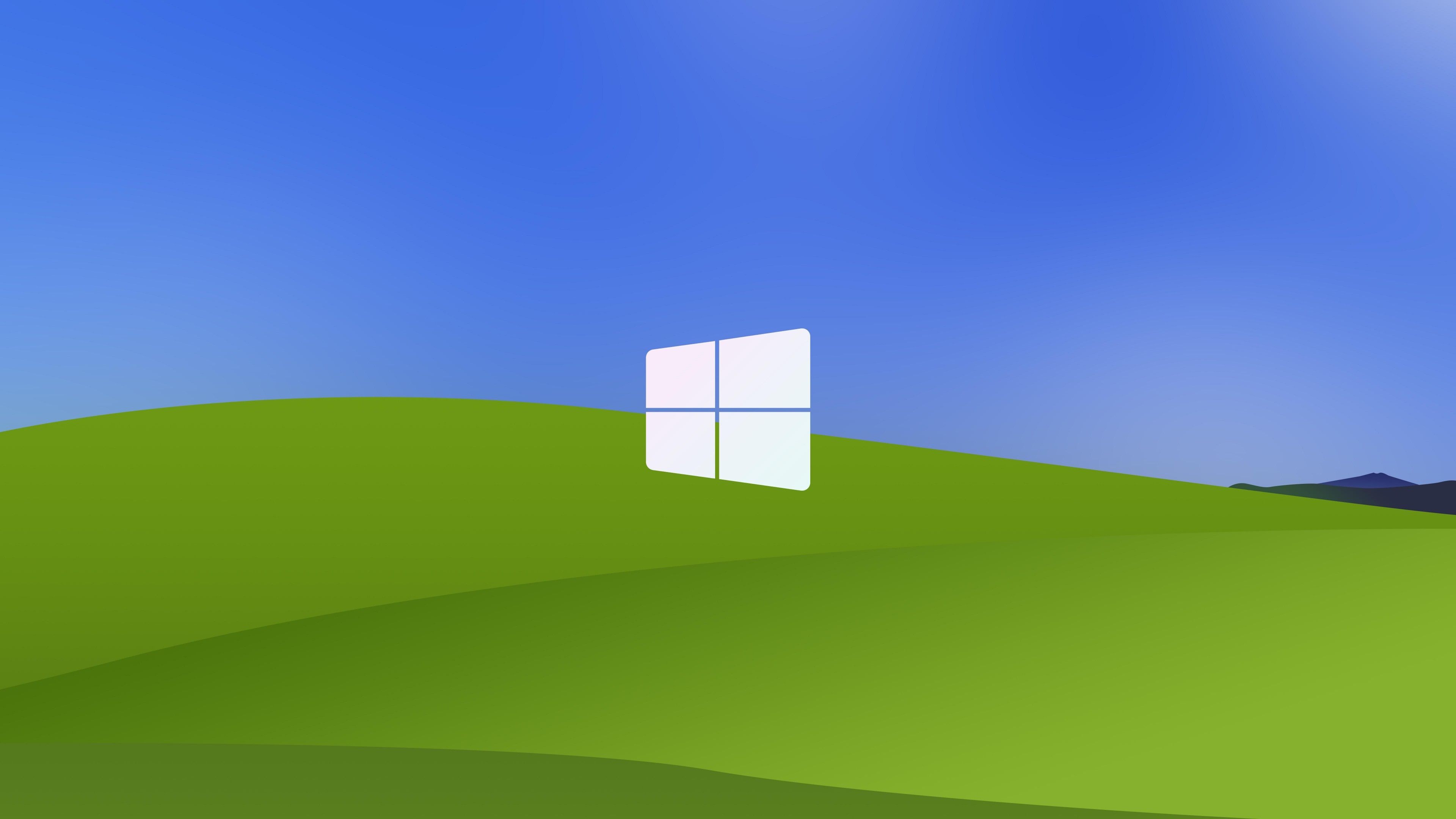 Microsoft Windows logo, Windows XP Bliss hills, clear blue sky, 4K Desktop wallpaper