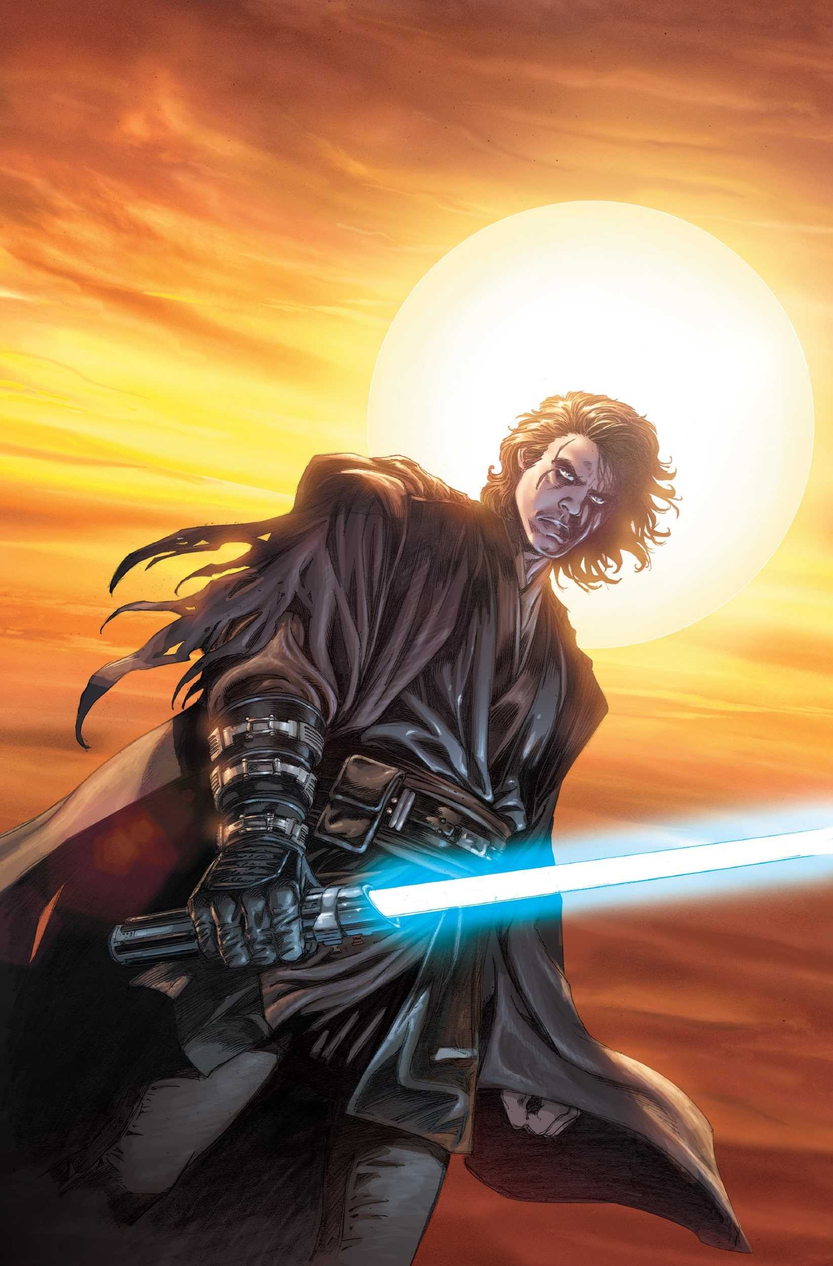 Anakin Skywalker, Ignited blue lightsaber, Blazing sunset sun, HD Phone wallpaper