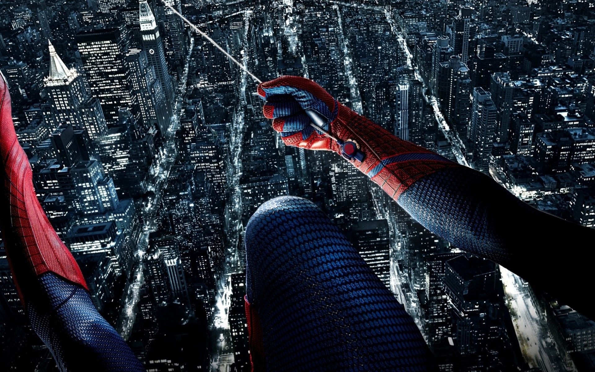 The Amazing Spider-Man, Spider-Man web shooter, Manhattan night skyline, HD Desktop wallpaper