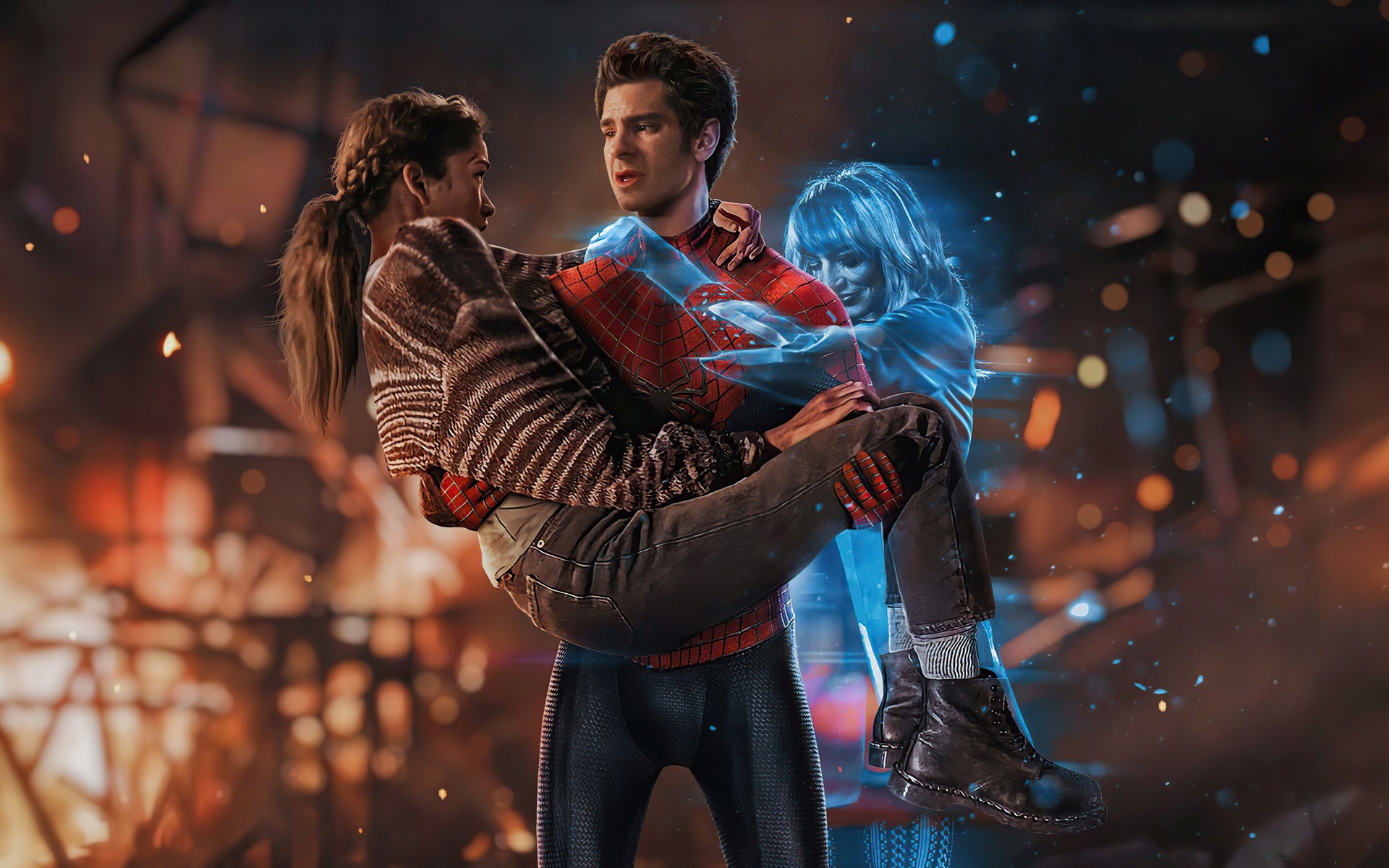 No Way Home, Spider-Gwen (Gwen Stacy), Carrying woman in arms, Warm blurred bokeh background, HD Desktop wallpaper