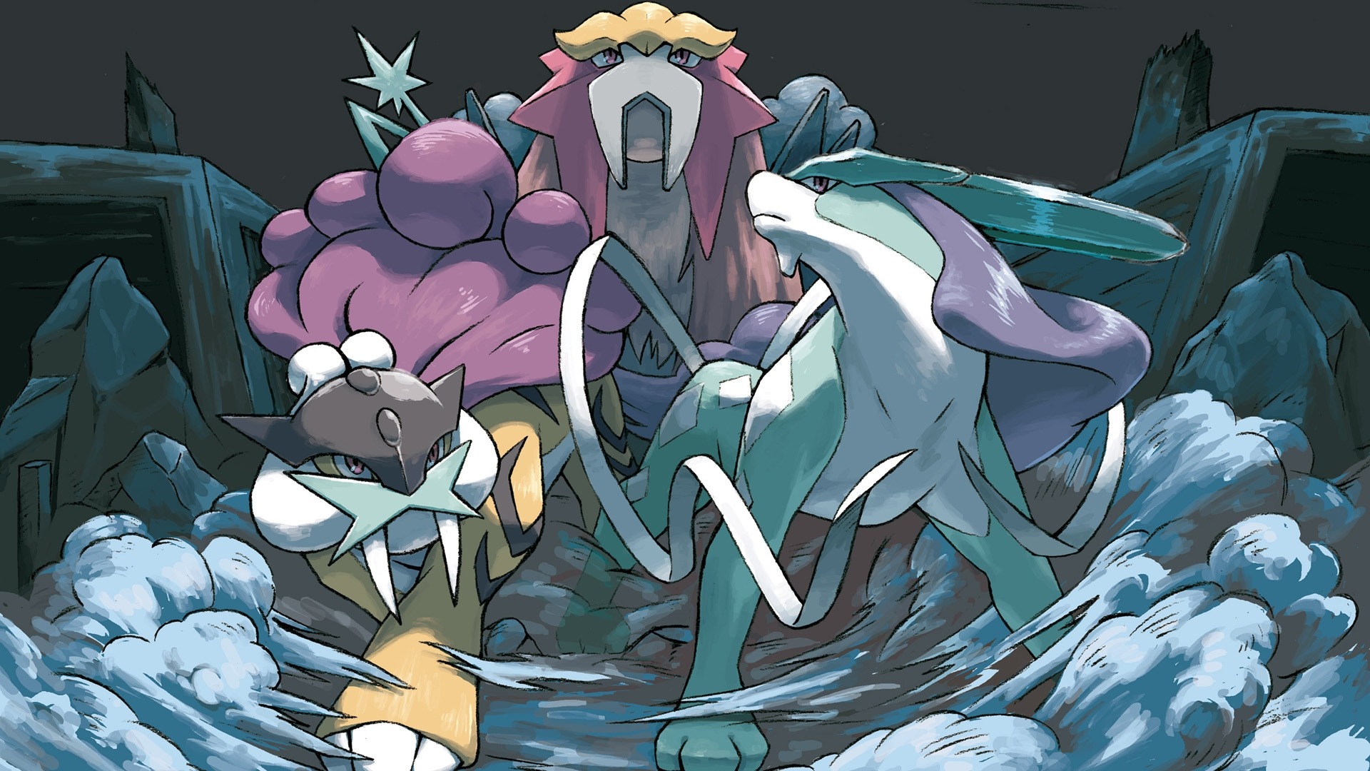 Raikou, Entei, Suicune, Johto, Burned Tower, Rocky waterfall, Full HD Desktop wallpaper
