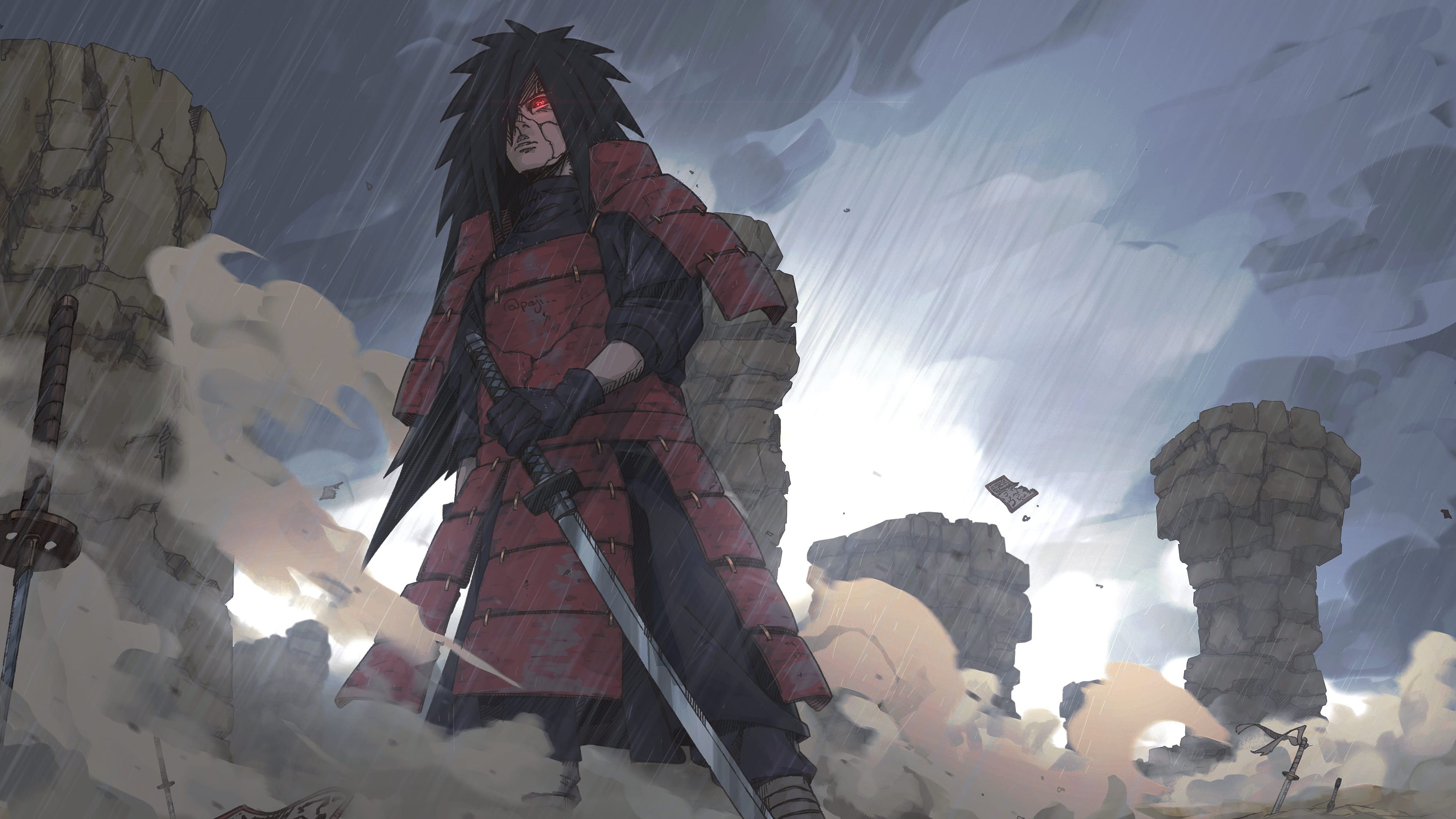 Madara Uchiha, red samurai armor, katana sword, 4K Desktop wallpaper