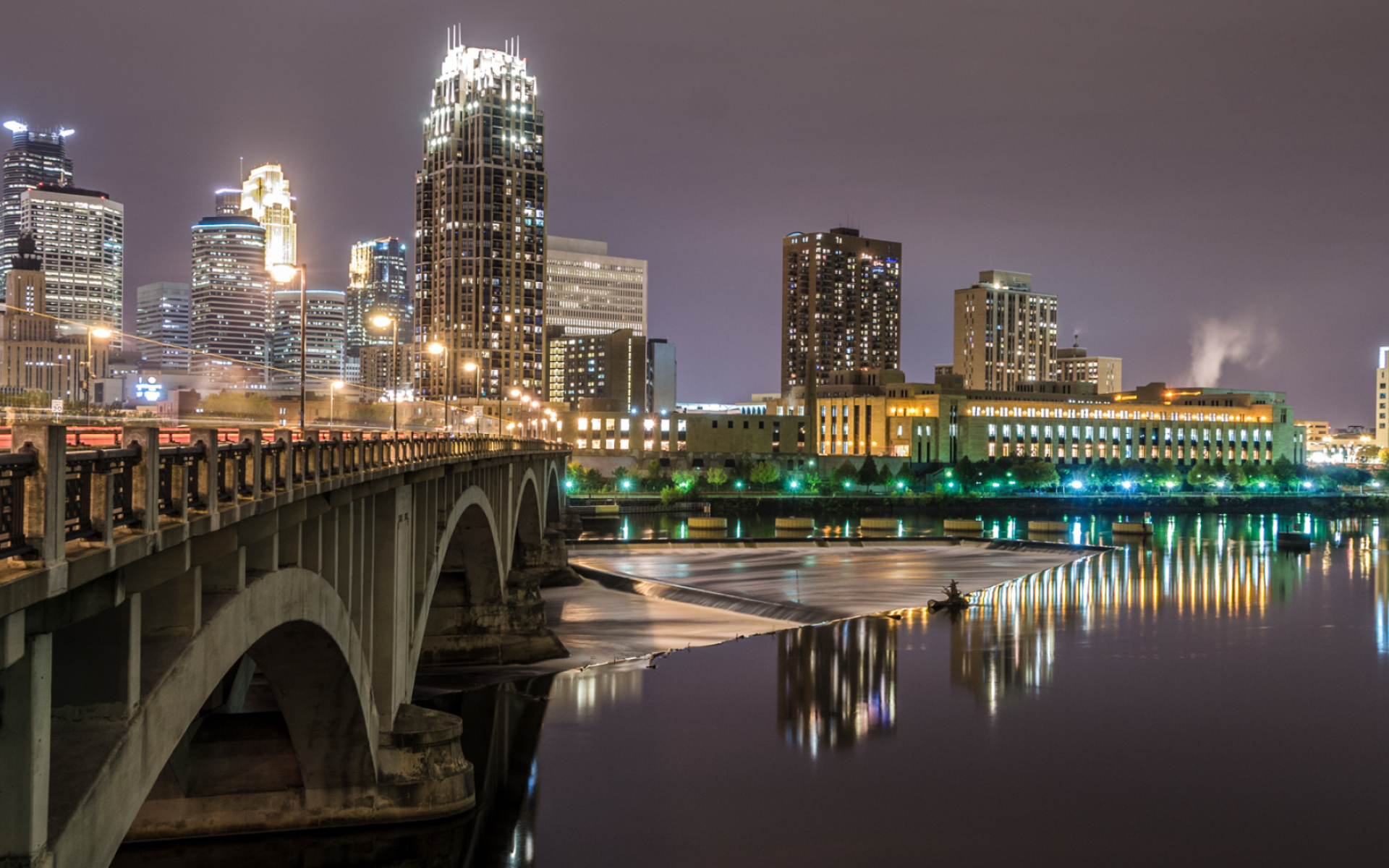 Minneapolis Skyline, Travels, Bridge reflection water, Skyline night, 1920x1200 HD Desktop