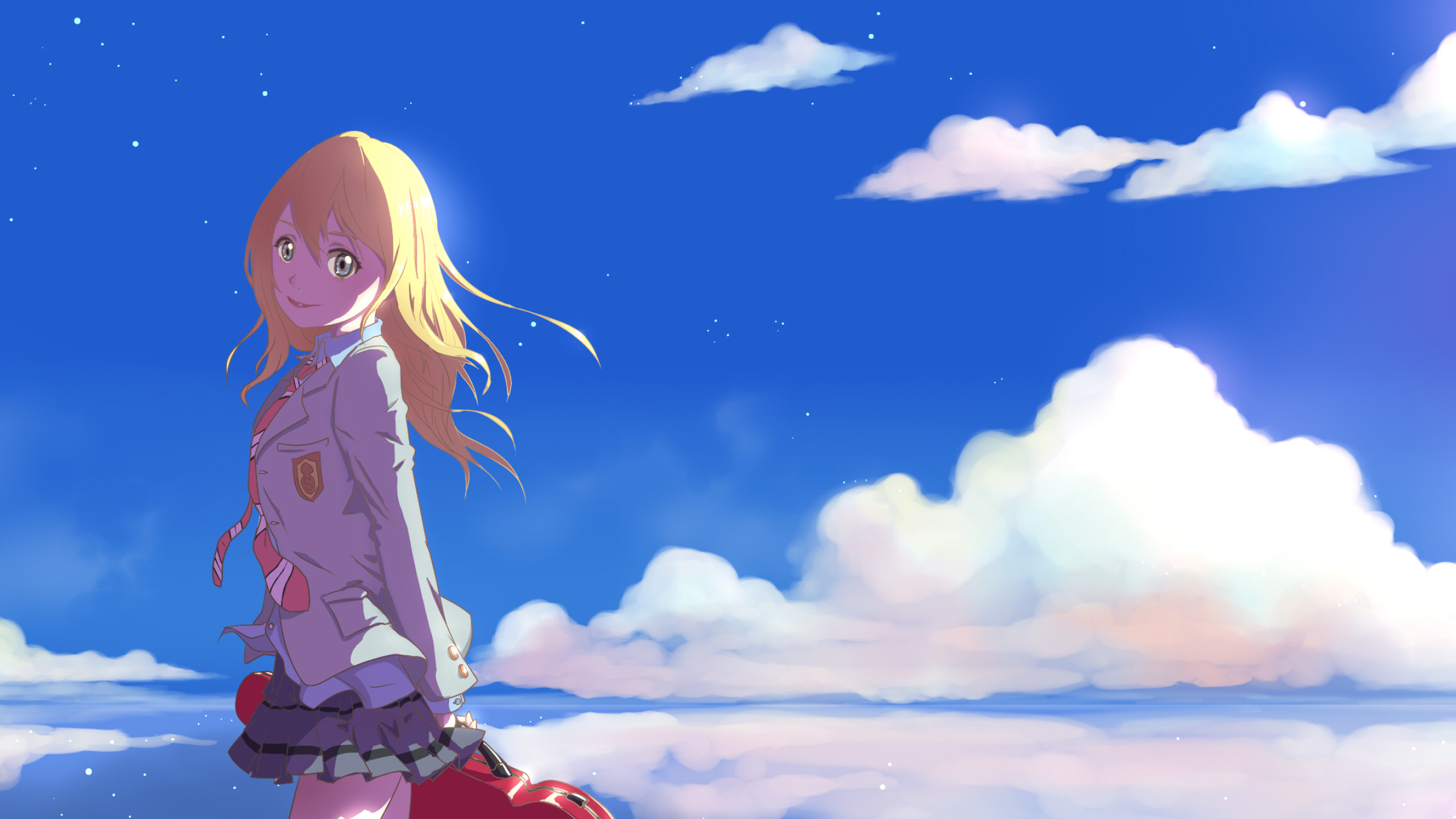 Kaori Miyazono, Red violin case, Blue sky with clouds, HD Desktop wallpaper