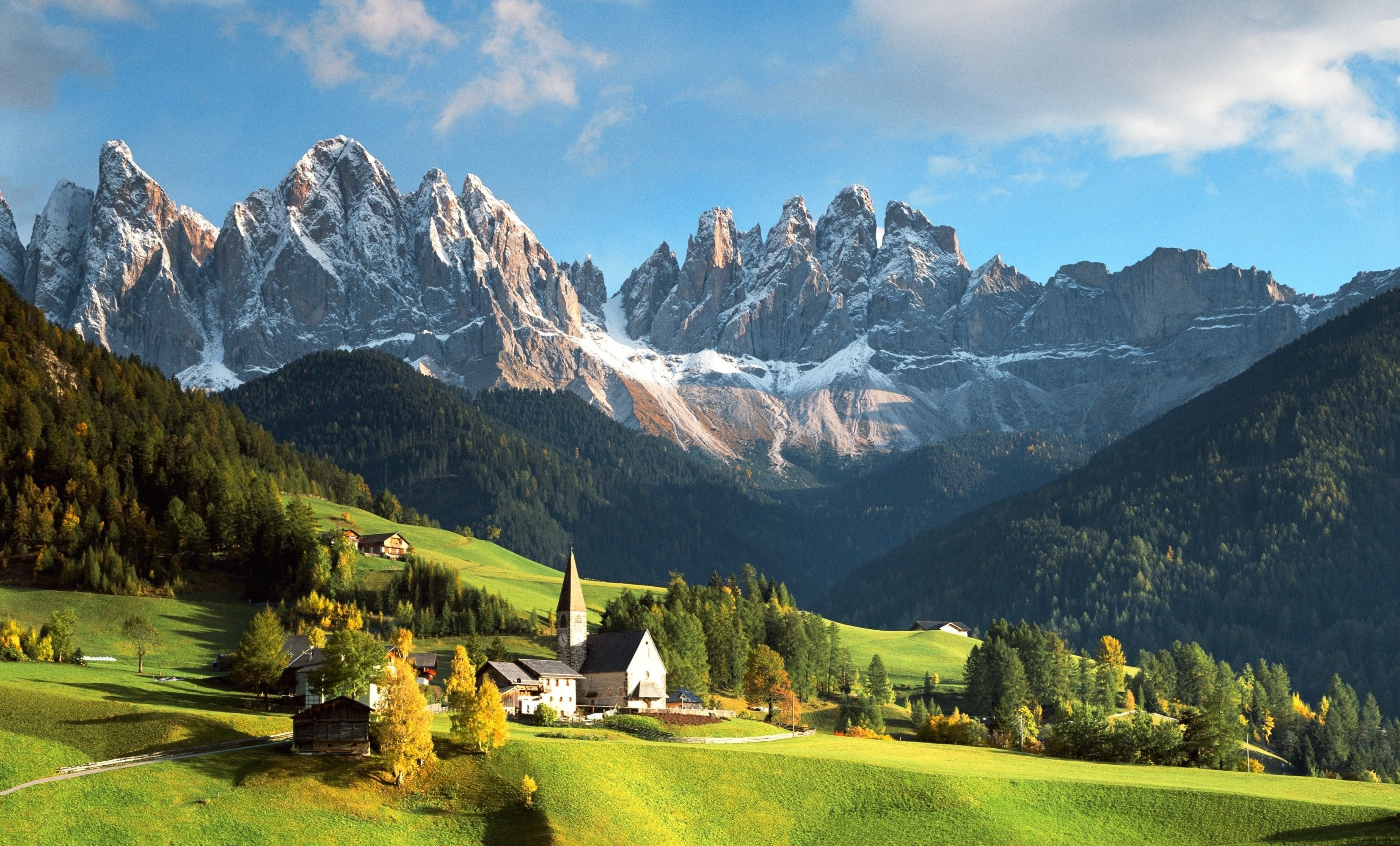 St. Magdalena Church, Geisler peaks, Val di Funes valley, HD Desktop wallpaper