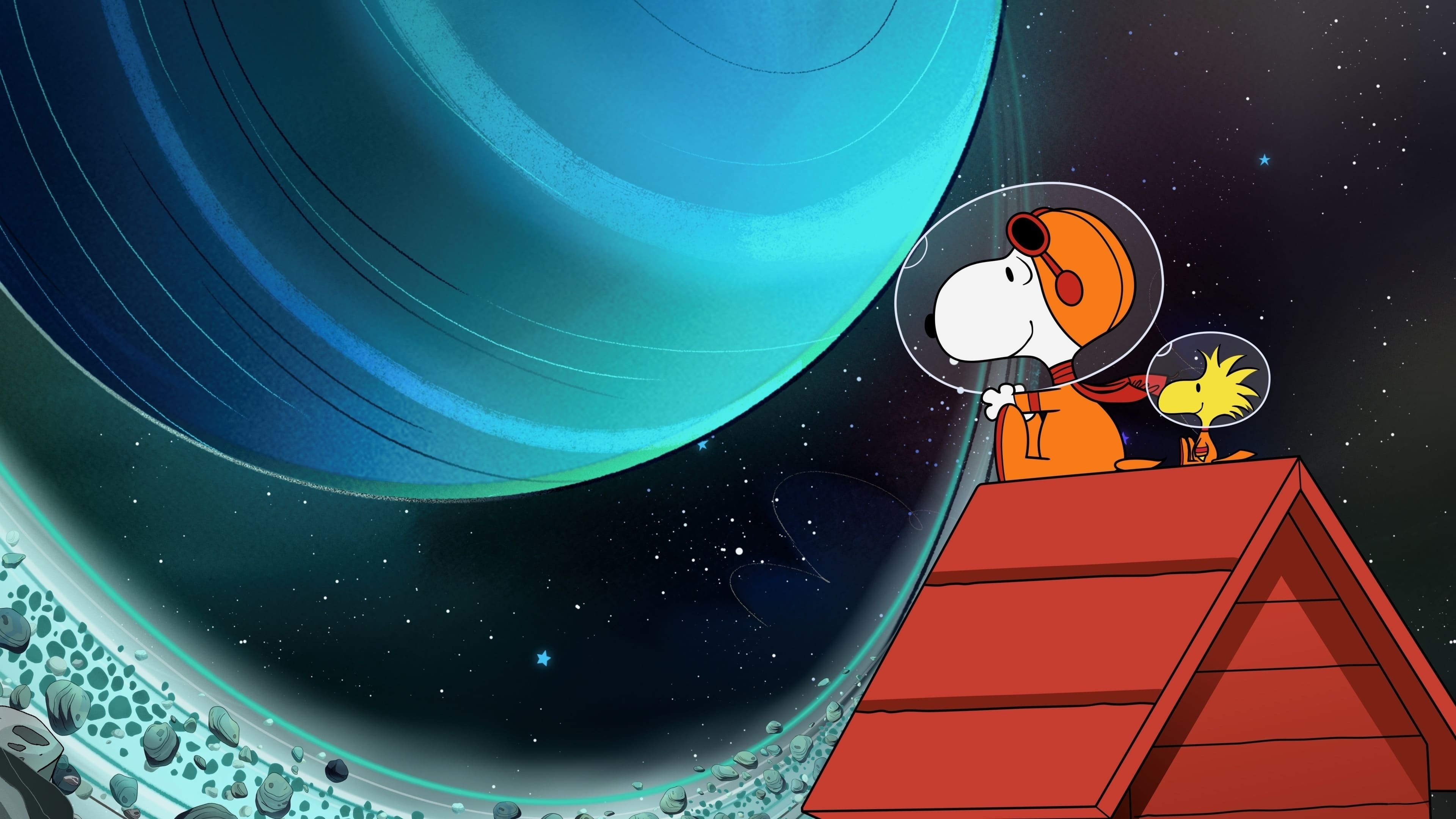 Astronaut Snoopy, Astronaut Woodstock, Red doghouse, Ringed blue planet, 4K Desktop wallpaper