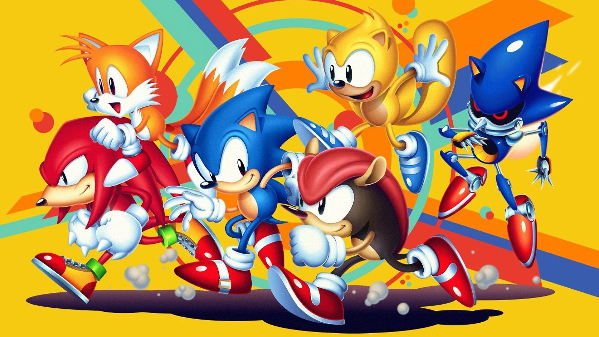 Sonic the Hedgehog dashing, Mighty the Armadillo, Ray the Flying Squirrel, Metal Sonic, Knuckles the Echidna, Full HD Desktop wallpaper