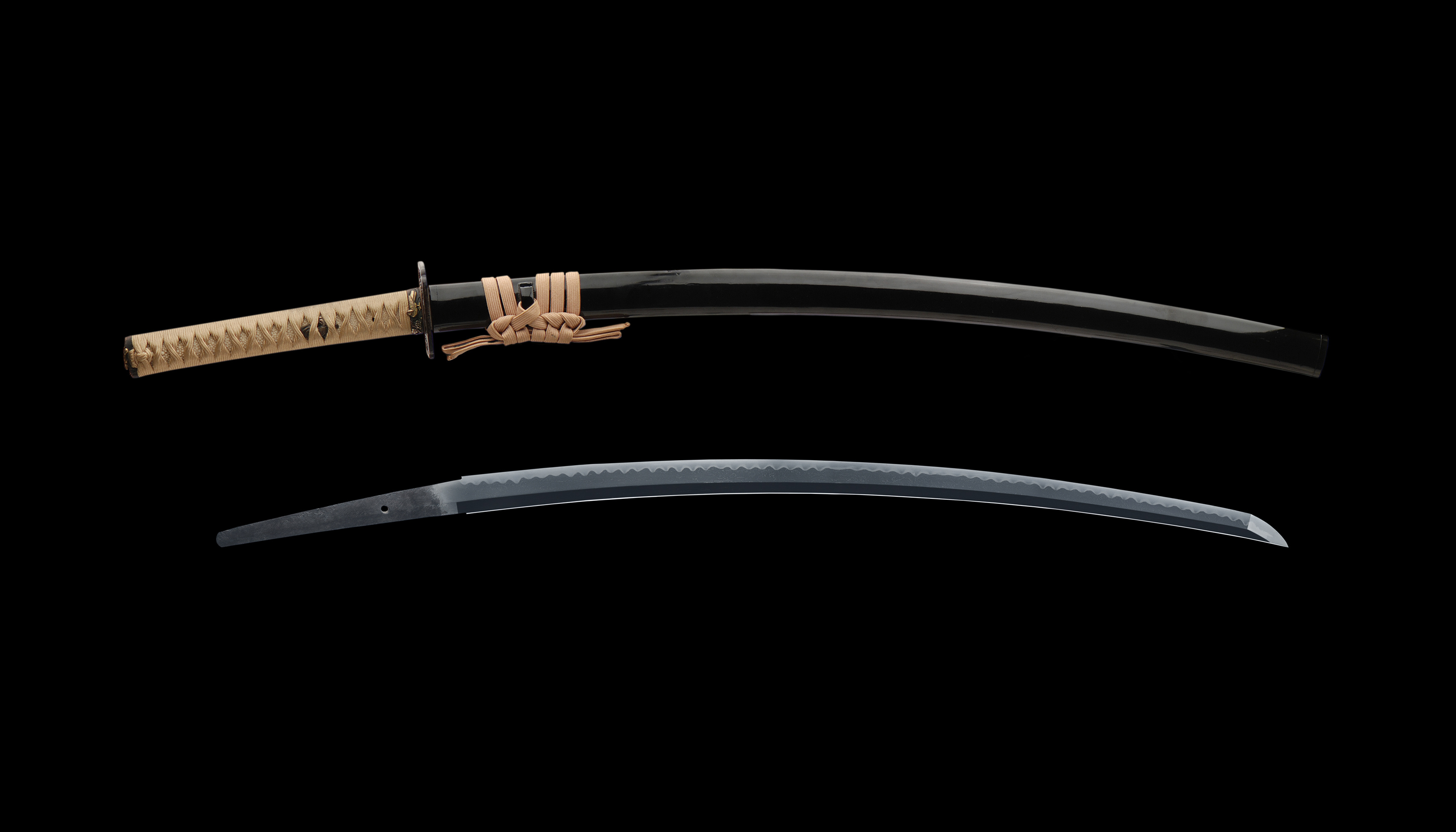 Katana blade with hamon, Katana in black saya, Tsuka handle wrapping, HD Desktop wallpaper