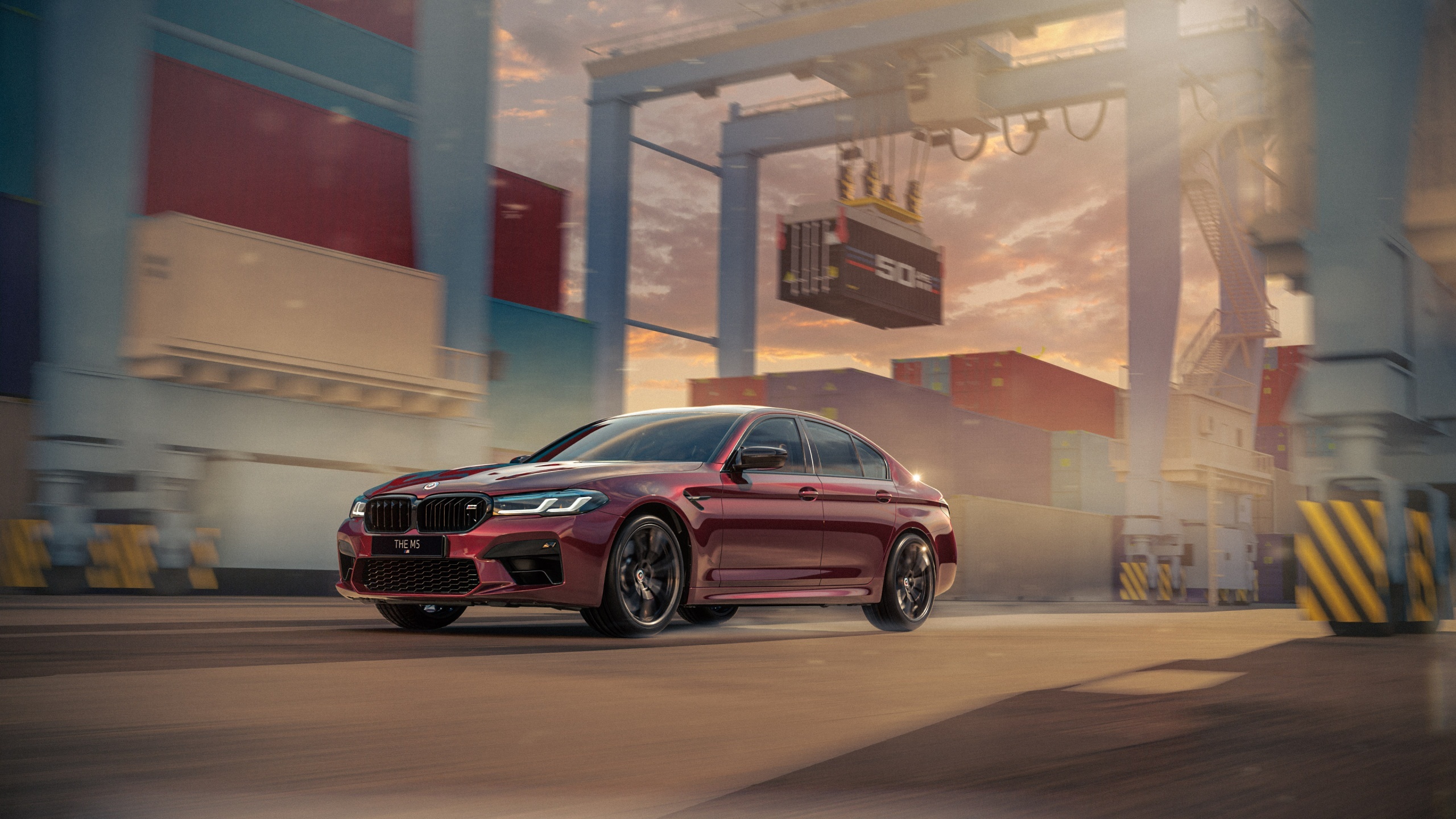 BMW M5 F90, Shipping container port terminal, Overhead gantry crane, HD Desktop wallpaper