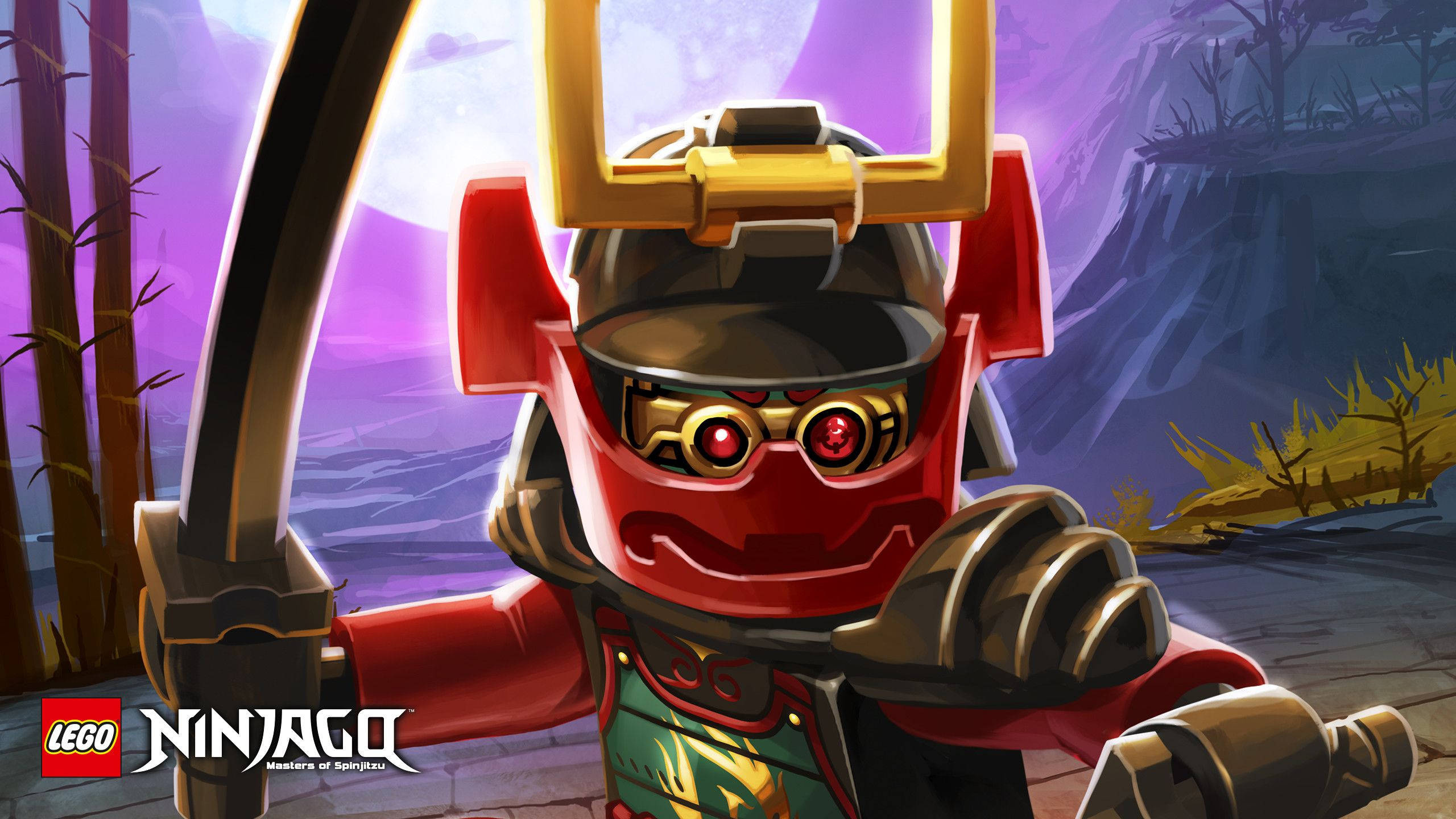 Samurai X in red armor, Gold-crested samurai helmet, Ninjago: Masters of Spinjitzu logo, HD Desktop wallpaper