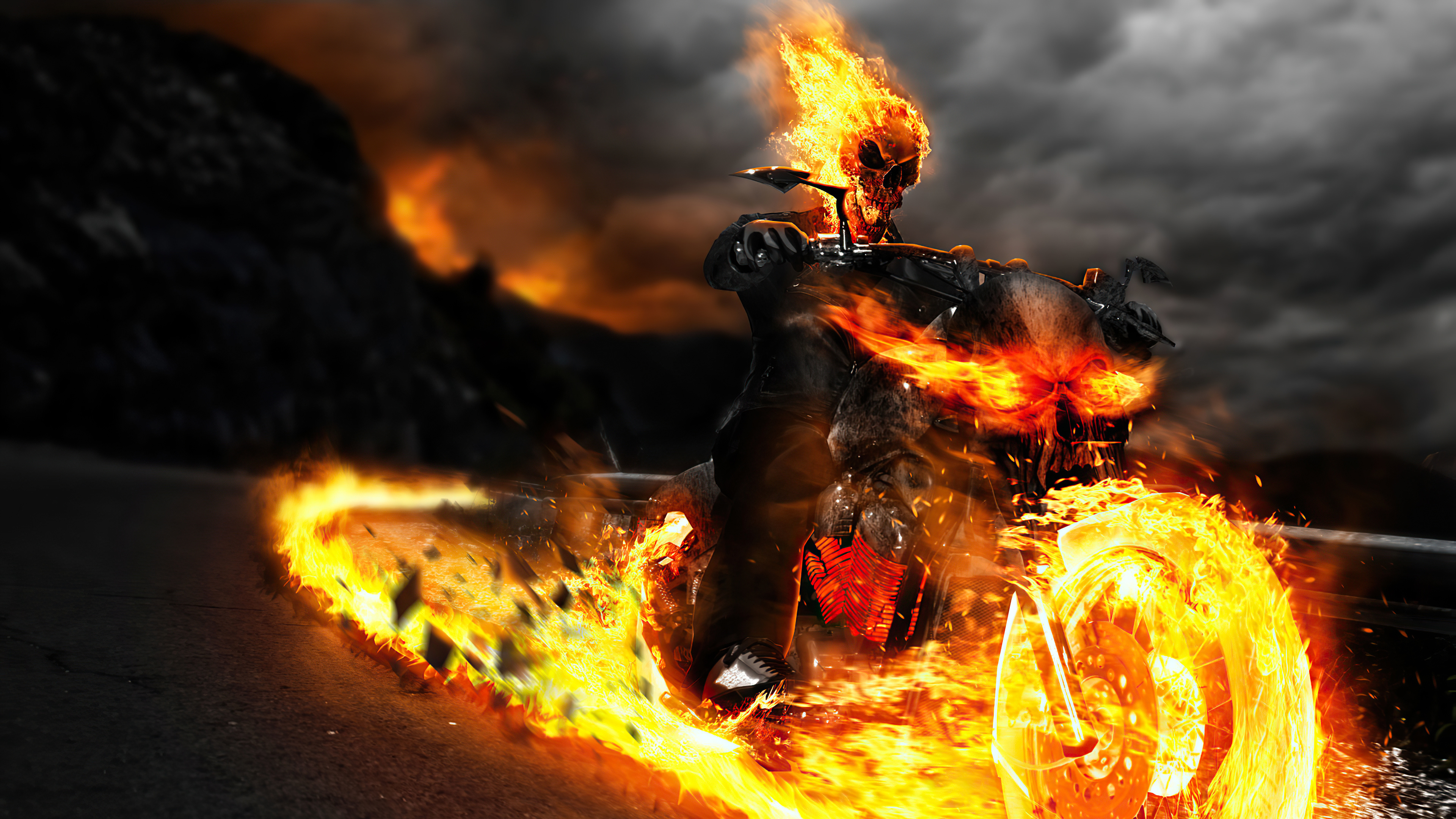 Ghost Rider, Supernatural vigilante, Fiery chains, Action-packed scenes, 3840x2160 4K Desktop