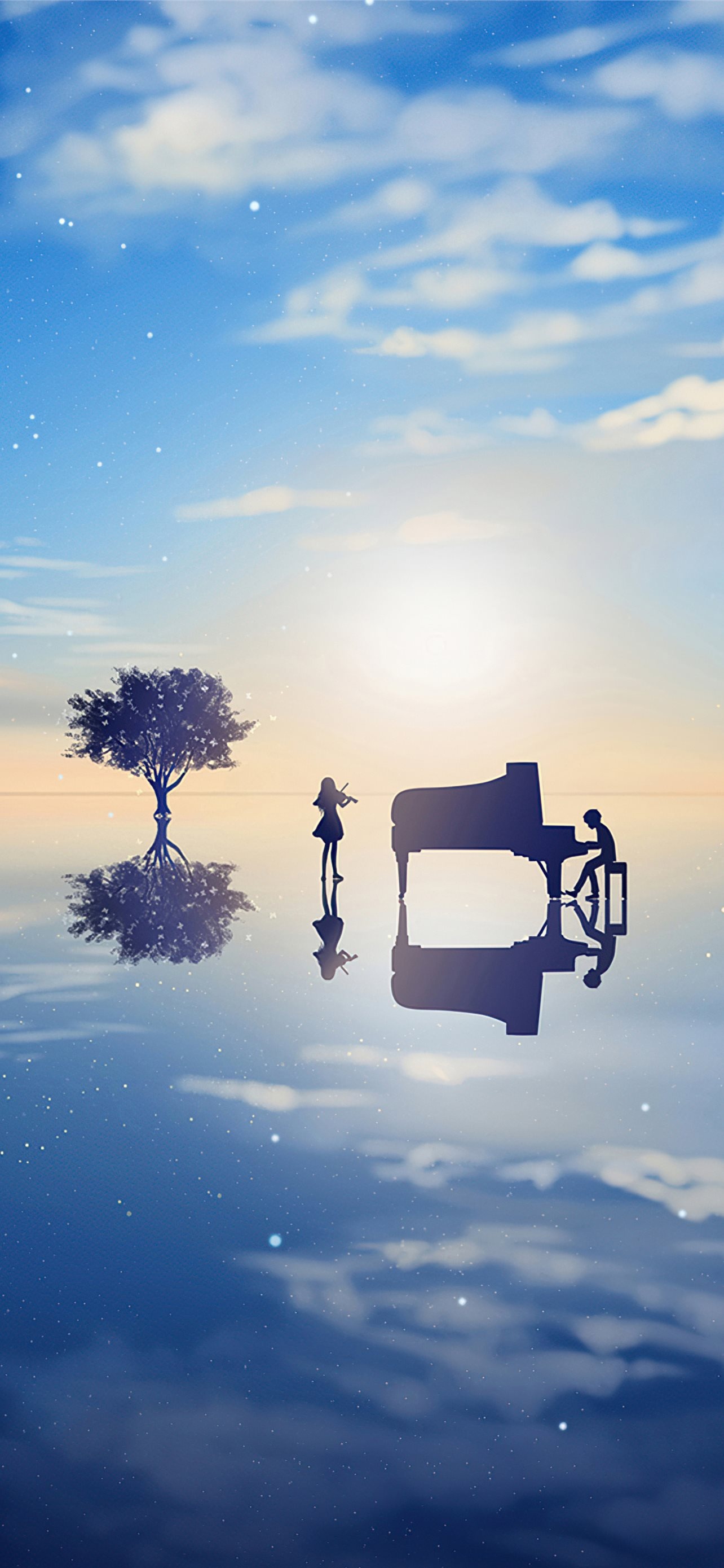 Kaori Miyazono silhouette, Kousei Arima piano silhouette, Sky water mirror reflection, HD Phone wallpaper