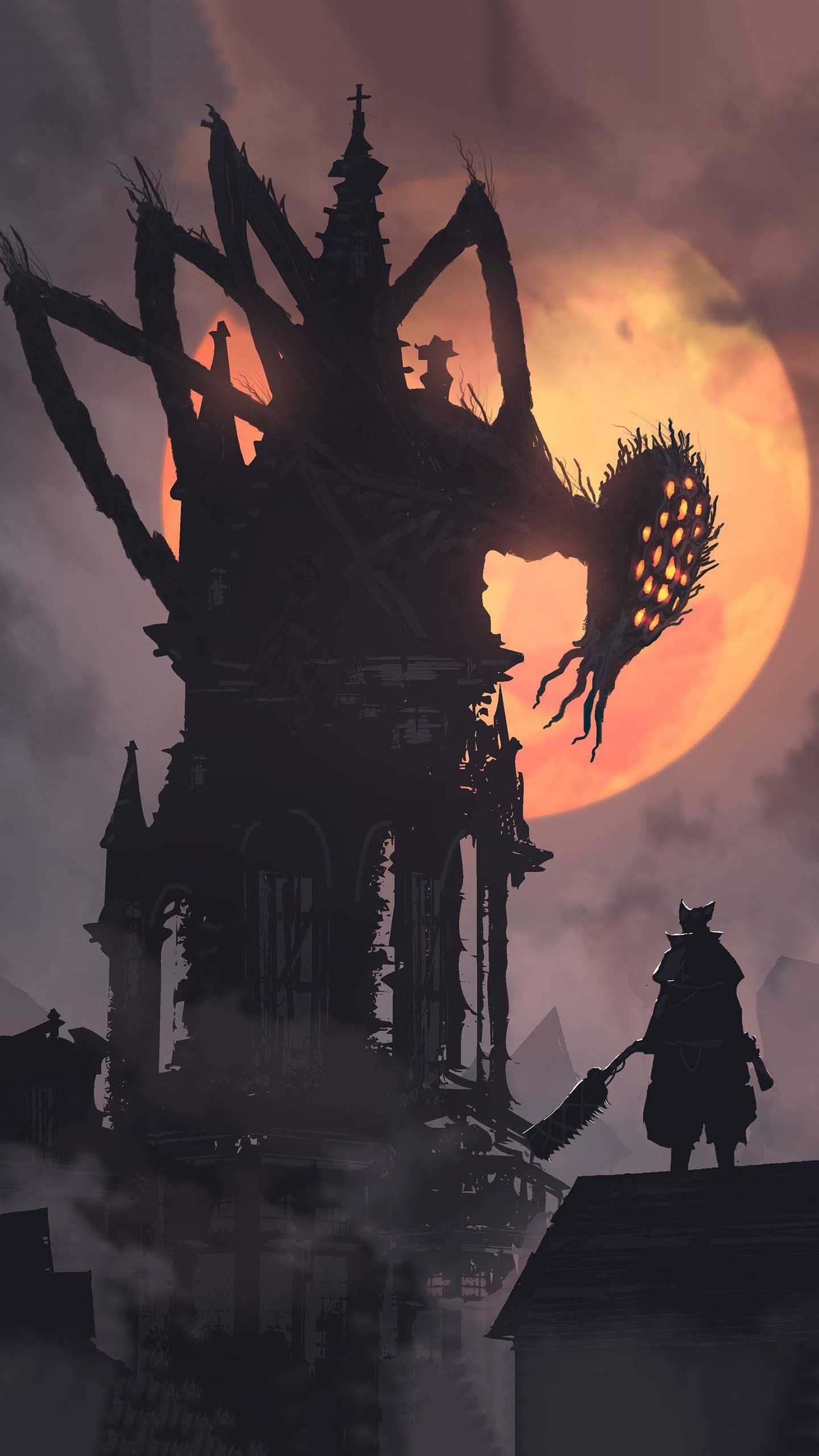 Lesser Amygdala, Bloodborne Hunter, Blood Moon, HD Phone wallpaper