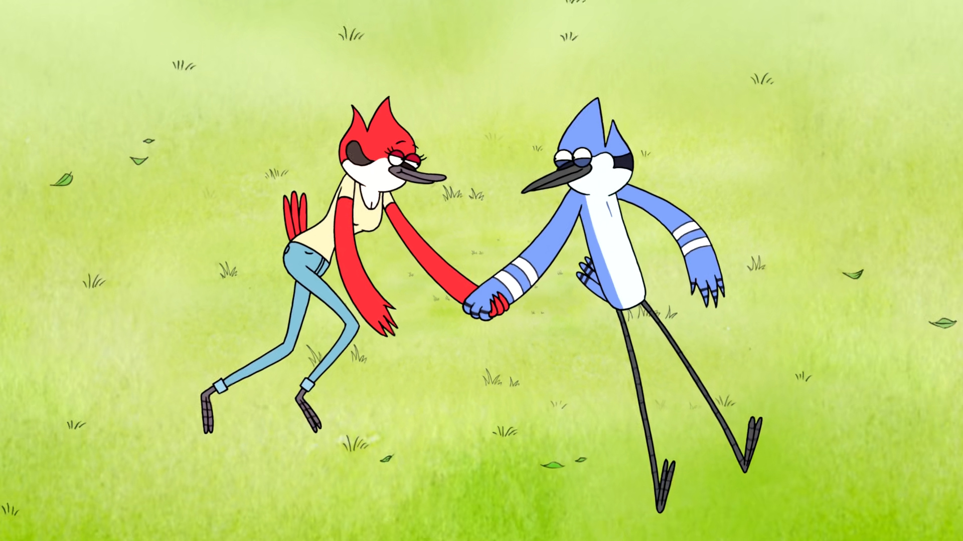 Margaret holding hands with Mordecai, Mordecai blue jay, Sunlit grass field, Regular Show, Full HD Desktop wallpaper