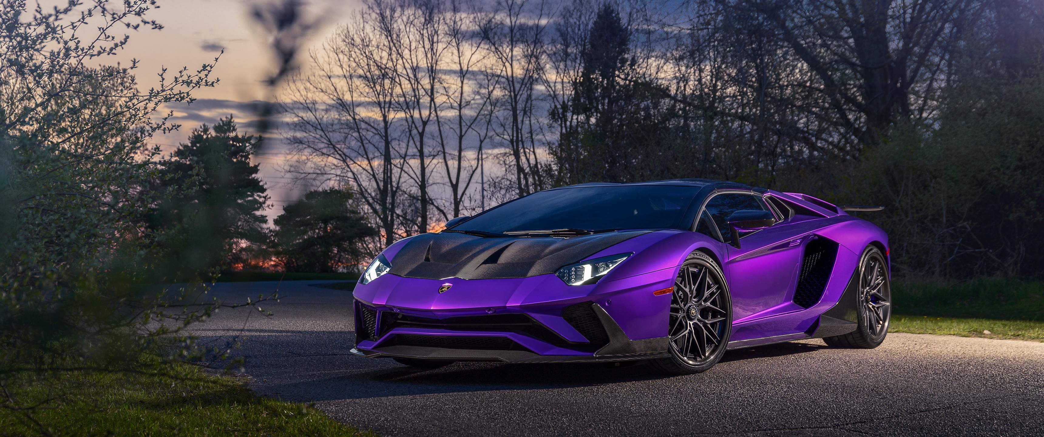 Lamborghini Aventador SV, twilight countryside road, metallic purple finish, Dual Screen Desktop wallpaper