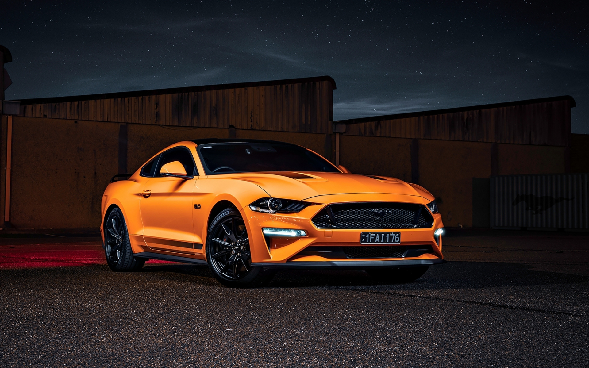 Orange Ford Mustang GT, Industrial building backdrop, Starry night sky, HD Desktop wallpaper