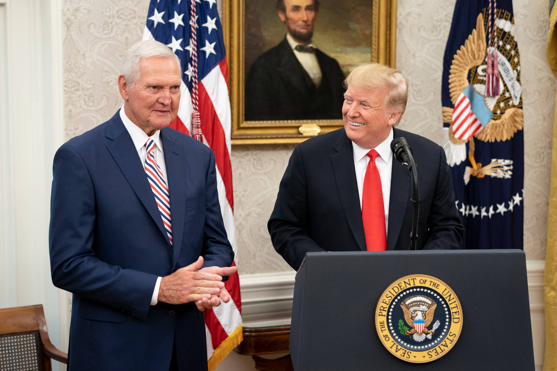 Donald Trump, Jerry West, Presidential Seal lectern, Abraham Lincoln portrait, Oval Office, HD Desktop wallpaper
