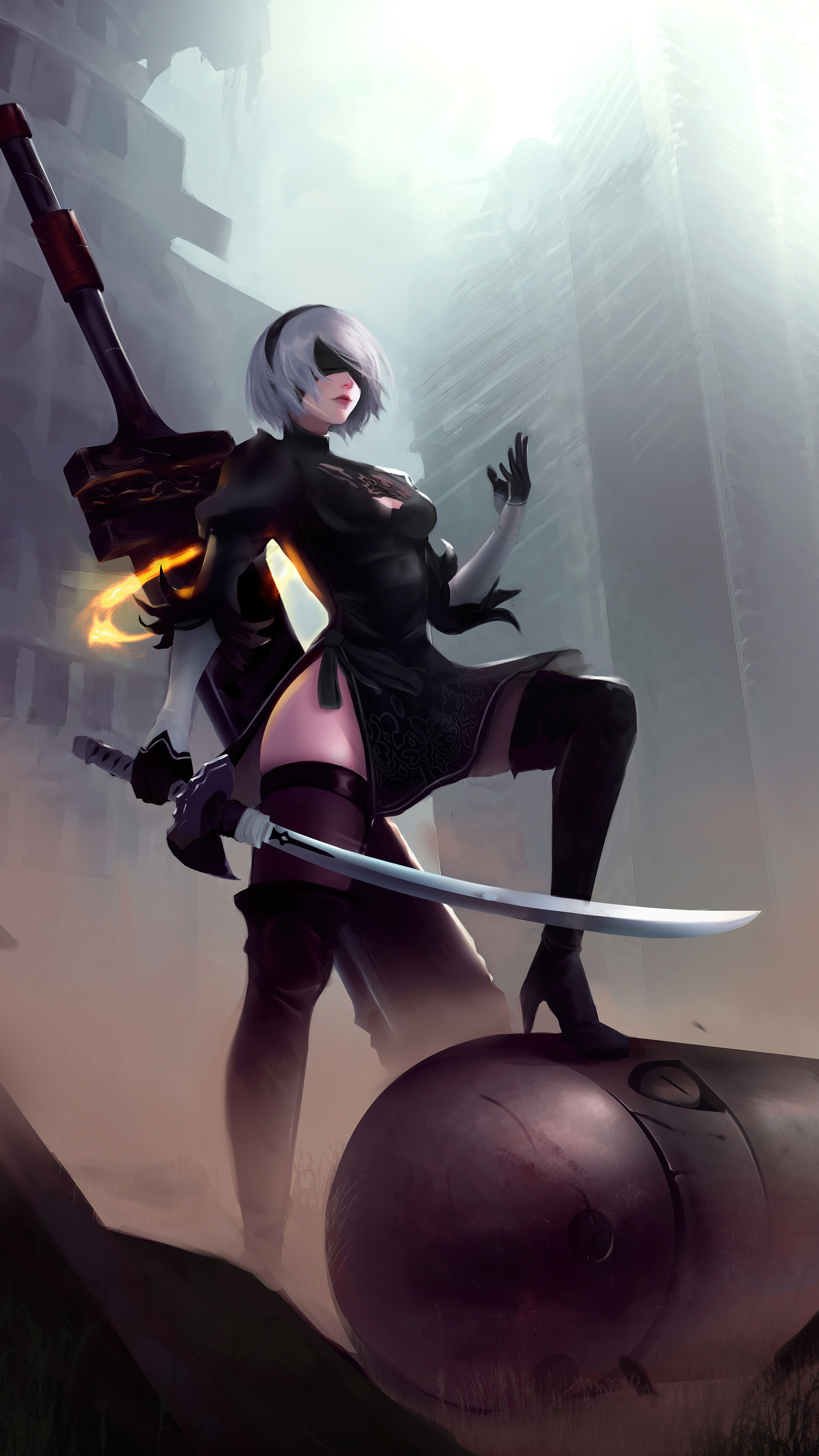 2B, NieR: Automata, Virtuous Contract katana, 4K Phone wallpaper
