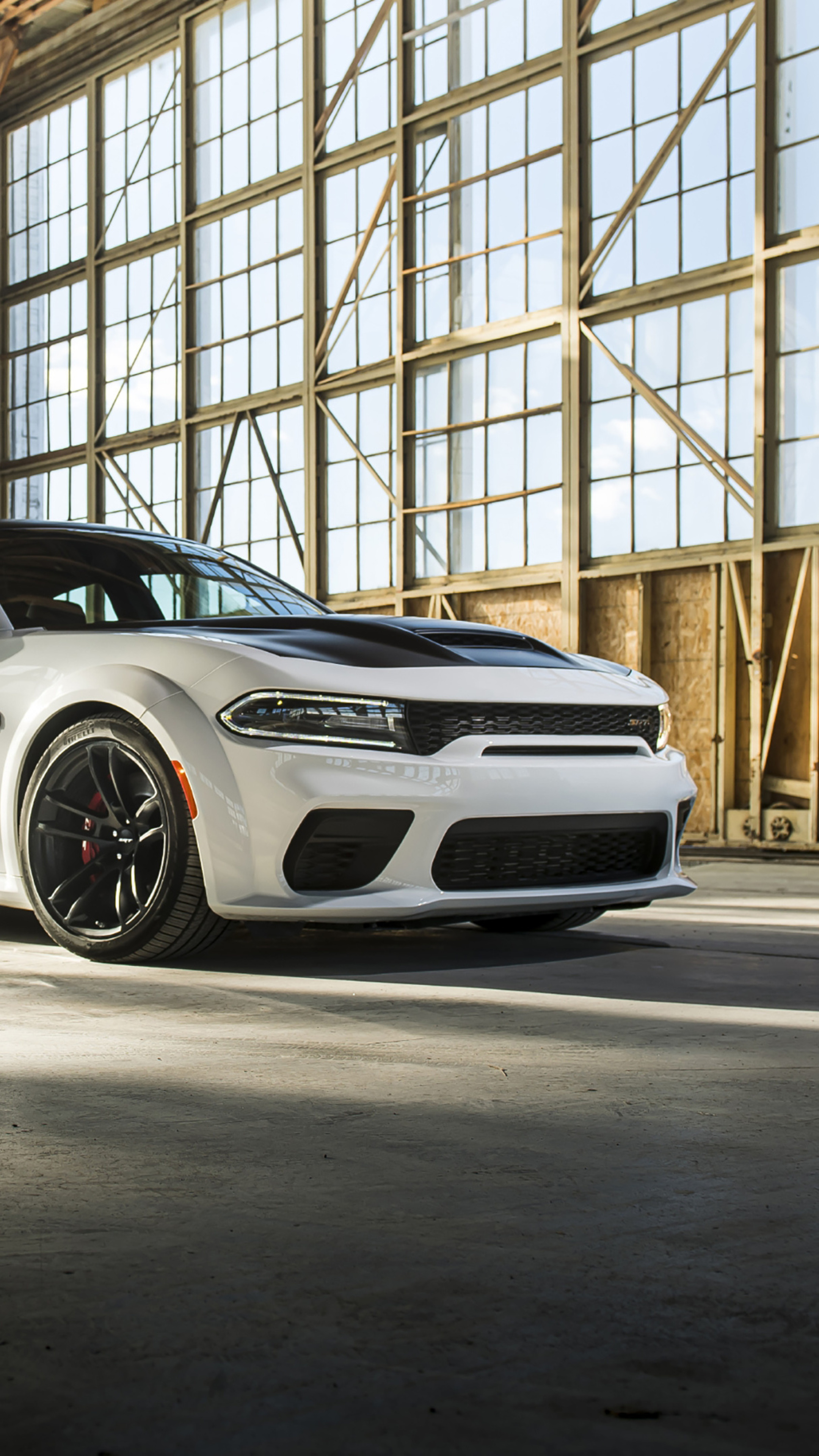 Dodge Charger SRT Hellcat, industrial warehouse windows, black hood scoop, 4K Phone wallpaper