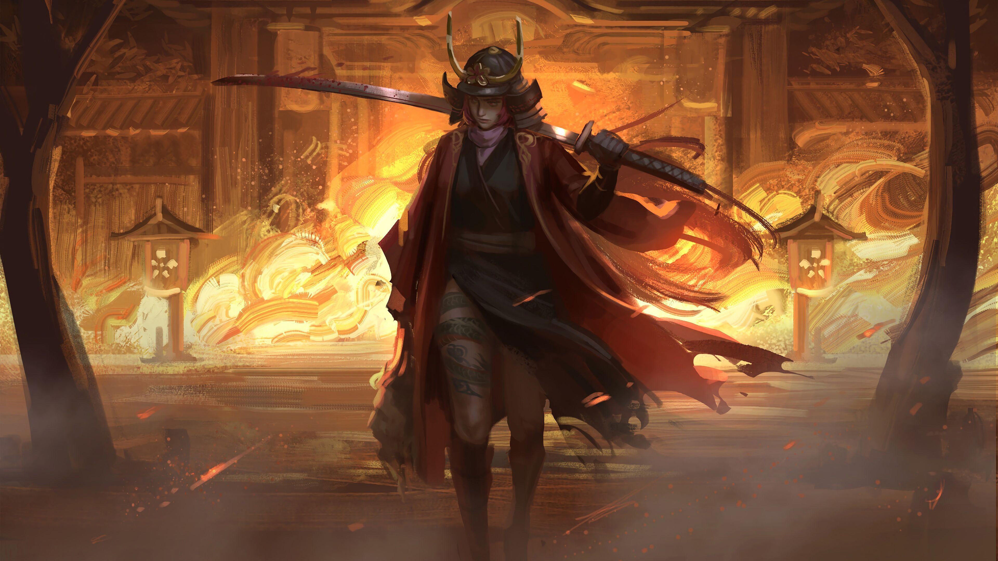 Onna-musha with katana, Samurai kabuto helmet, Burning Japanese temple, 4K Desktop wallpaper