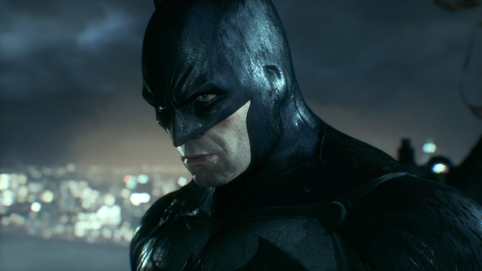 Batman: Arkham Knight Batsuit, Gotham City night skyline, Textured Bat cowl profile, Full HD Desktop wallpaper