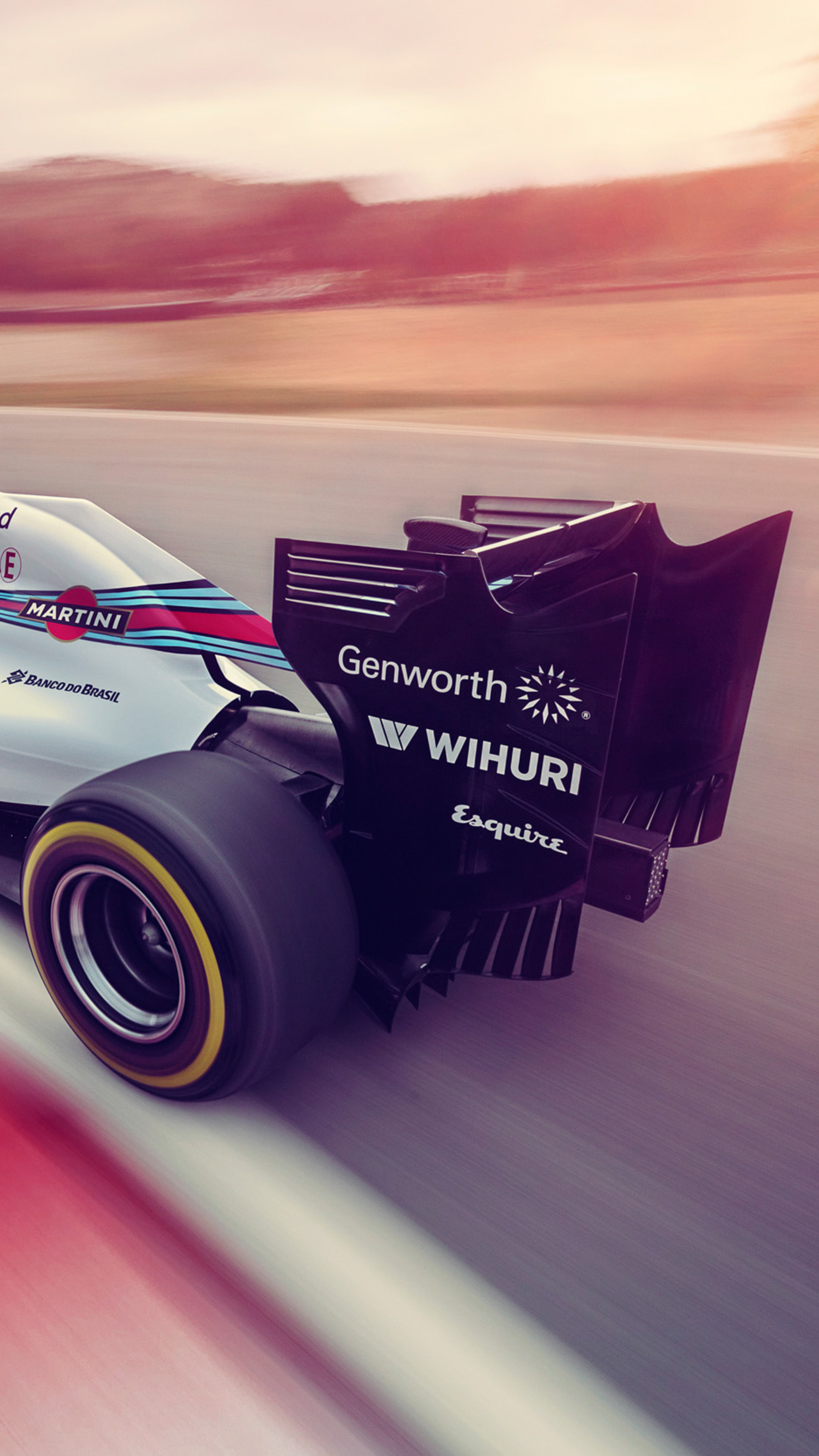 Williams Martini Racing F1 car, Carbon fiber rear wing, Yellow Pirelli slick tire, 4K Phone wallpaper