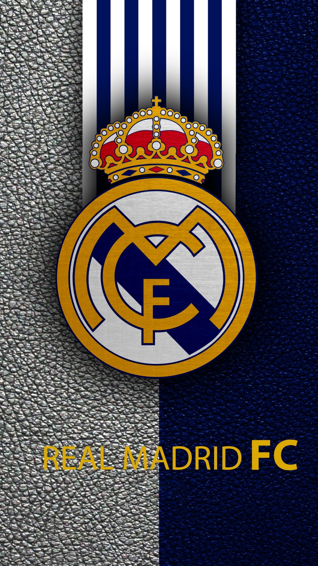 Real Madrid crest, REAL MADRID FC text, split leather texture, Full HD Phone wallpaper