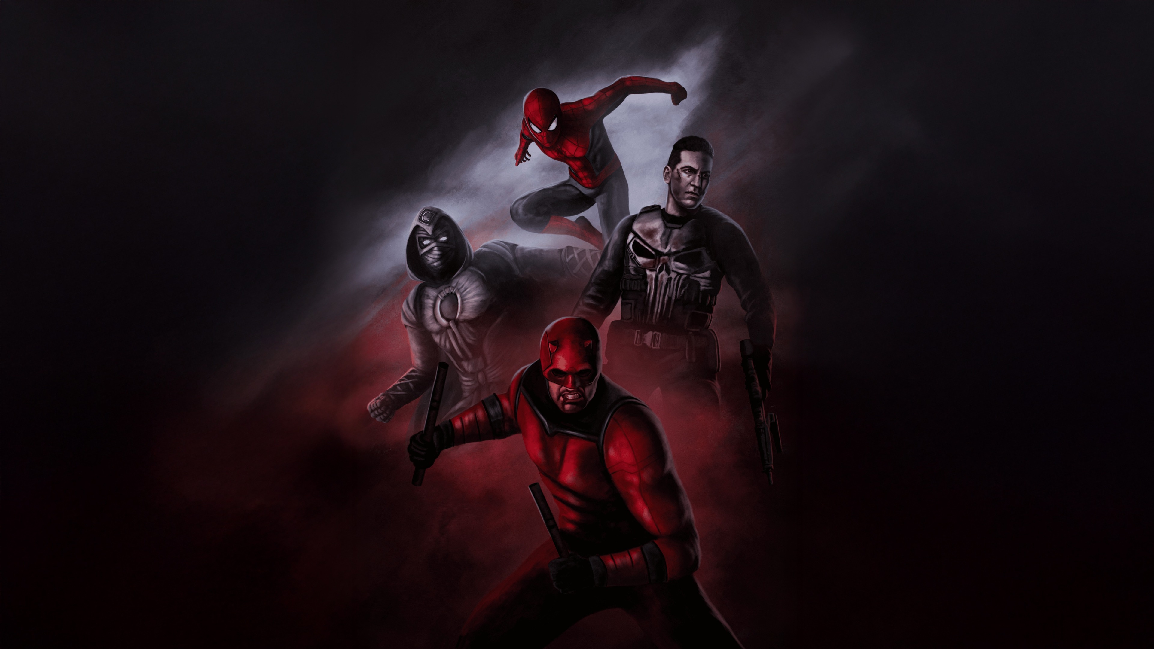 Brand New Day, Moon Knight, Daredevil, The Punisher, Spider-Man, Horned mask with batons, Red smoky dark background, 4K Desktop wallpaper