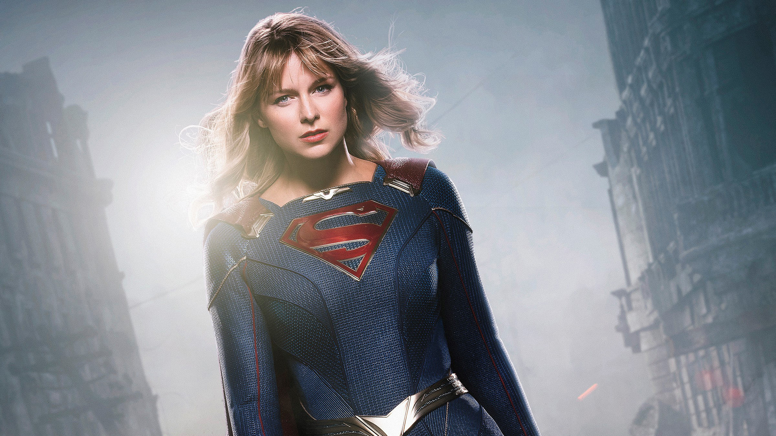 Melissa Benoist as Supergirl, Season 5 Supergirl suit, National City street backdrop, HD Desktop wallpaper