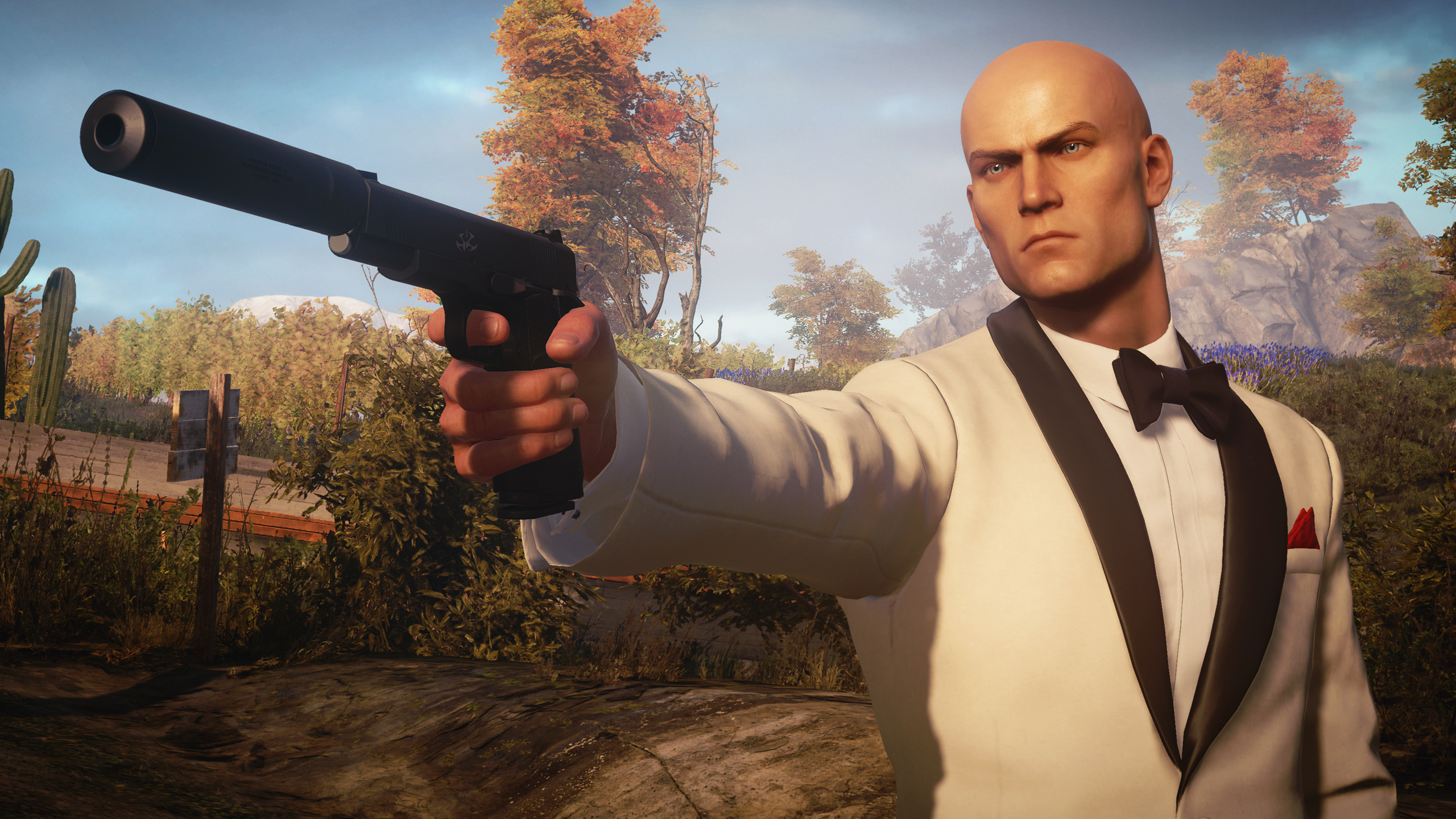 Agent 47, Silenced ICA19 pistol, White tuxedo jacket, HD Desktop wallpaper