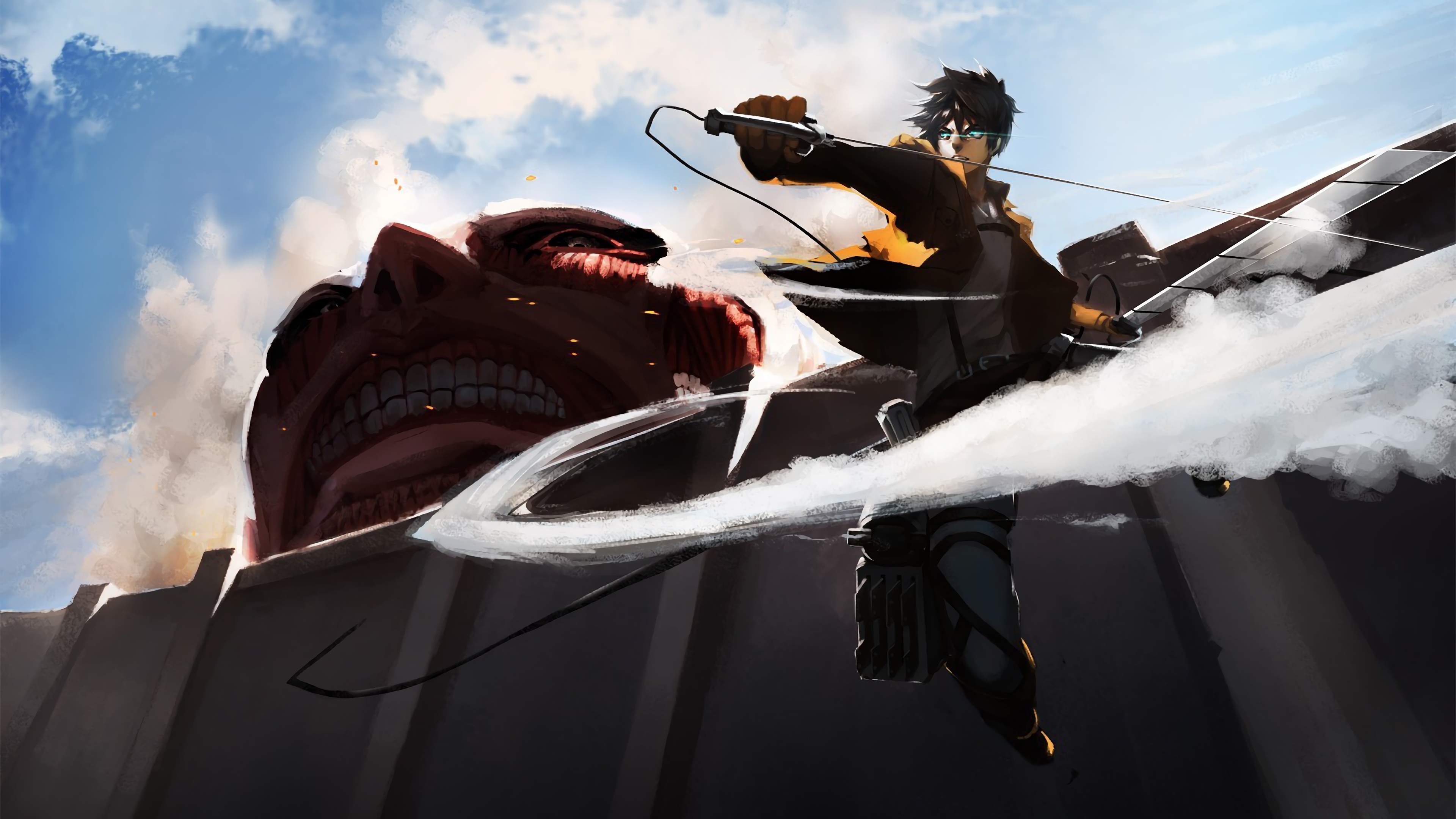 Eren Yeager, Colossal Titan, omni-directional mobility gear, 4K Desktop wallpaper