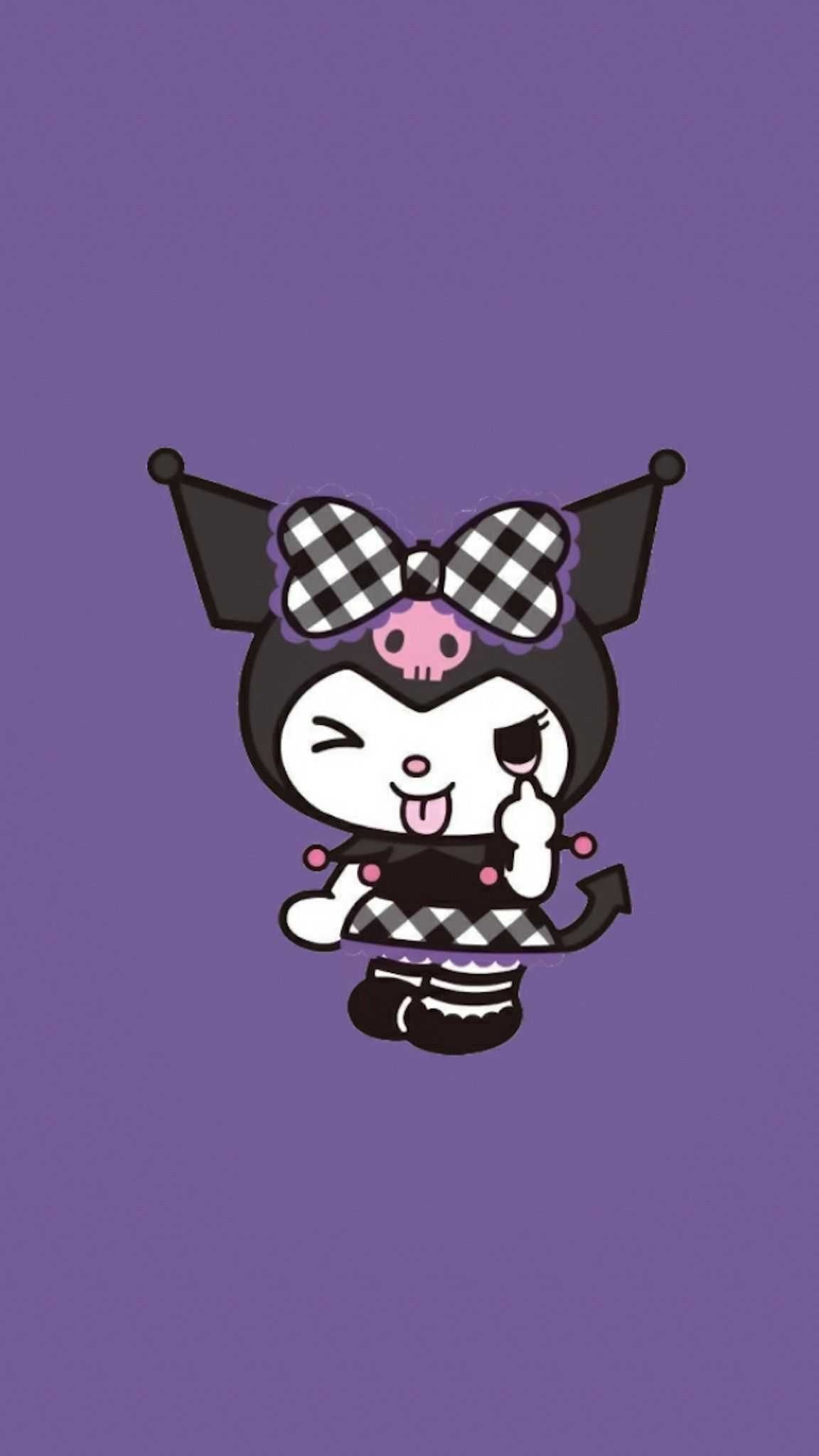 Kuromi, black checkered bow, pink skull emblem, HD Phone wallpaper