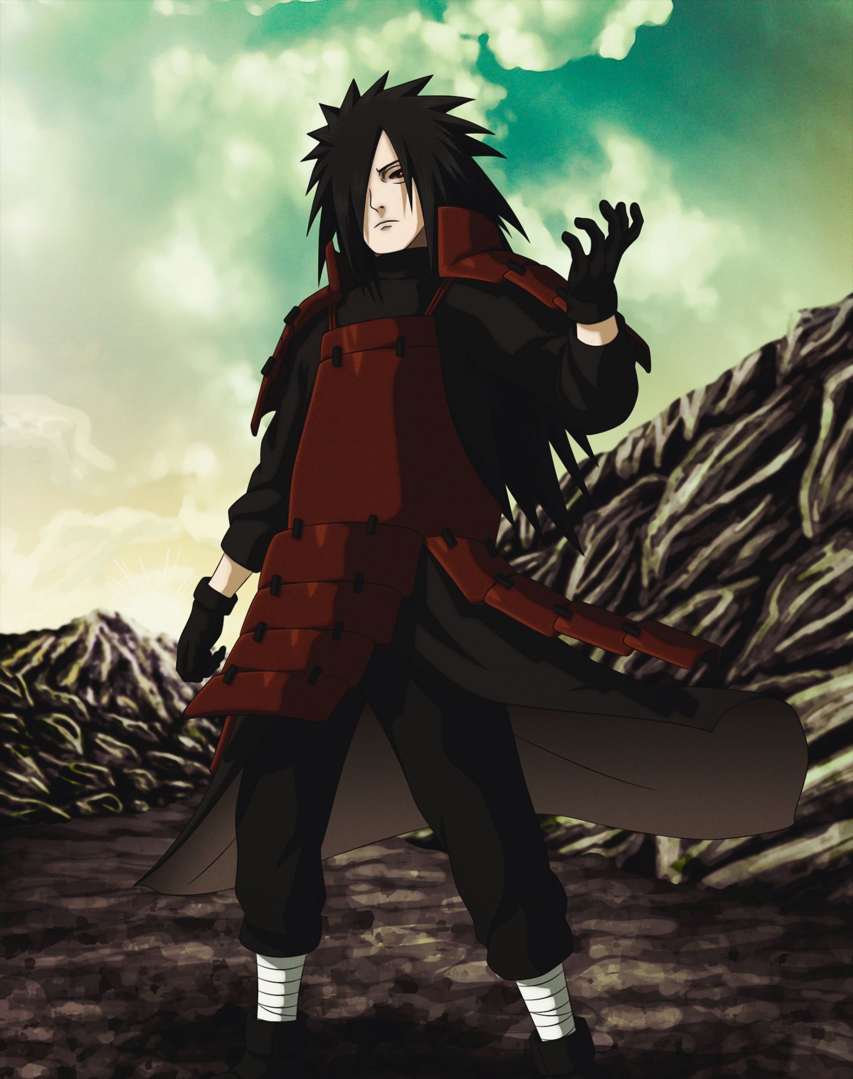 Madara Uchiha, red samurai armor, rocky battlefield, HD Phone wallpaper