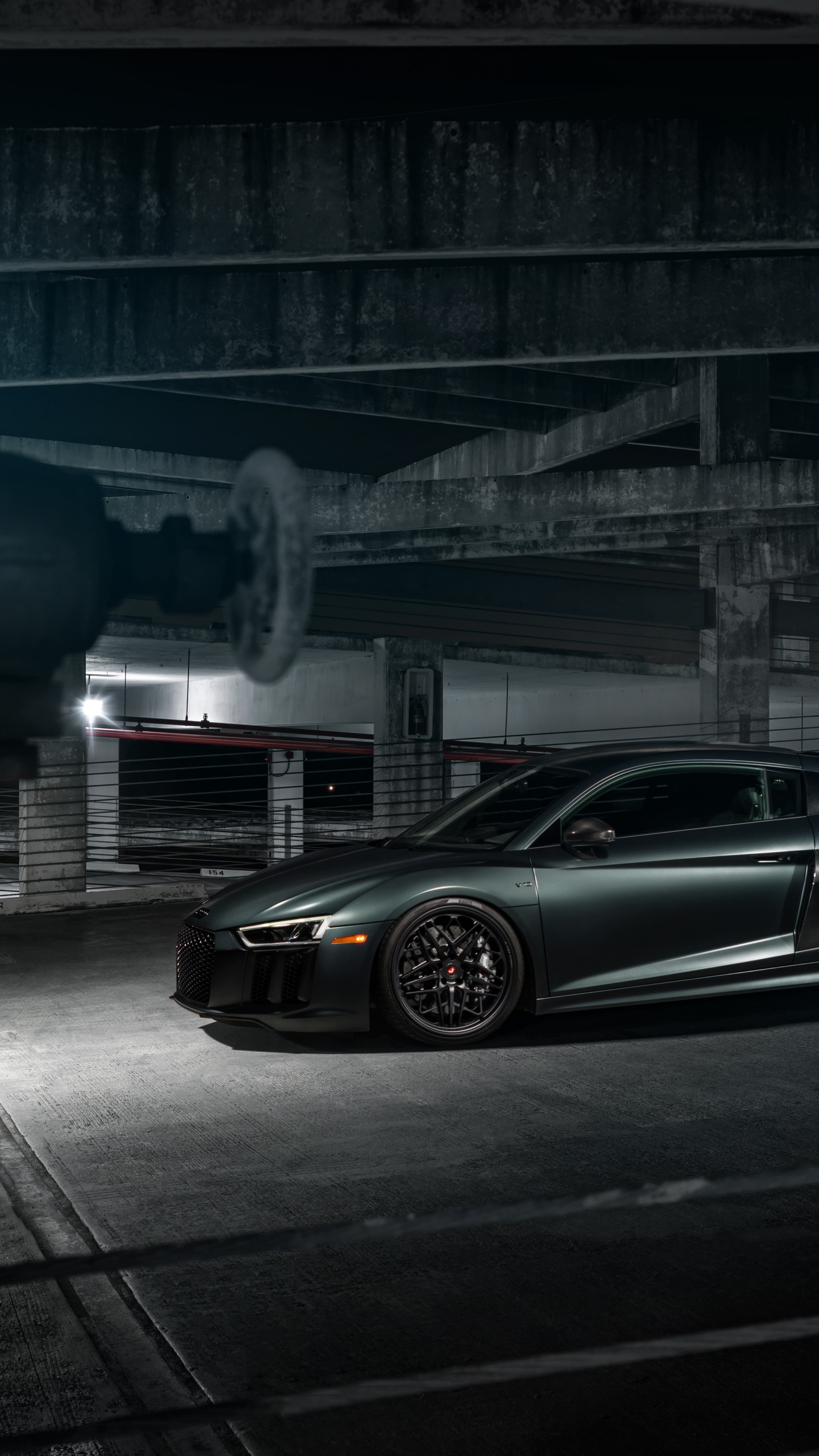 Audi R8 Coupe, concrete parking garage, black multi-spoke wheels, 4K Phone wallpaper