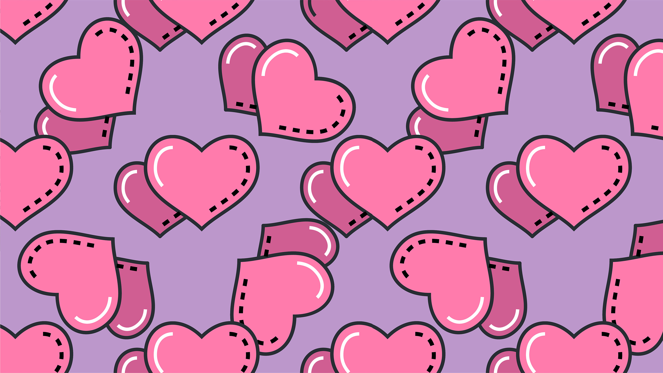 pink stitched cartoon hearts, repeating heart pattern, lavender purple backdrop, HD Desktop wallpaper
